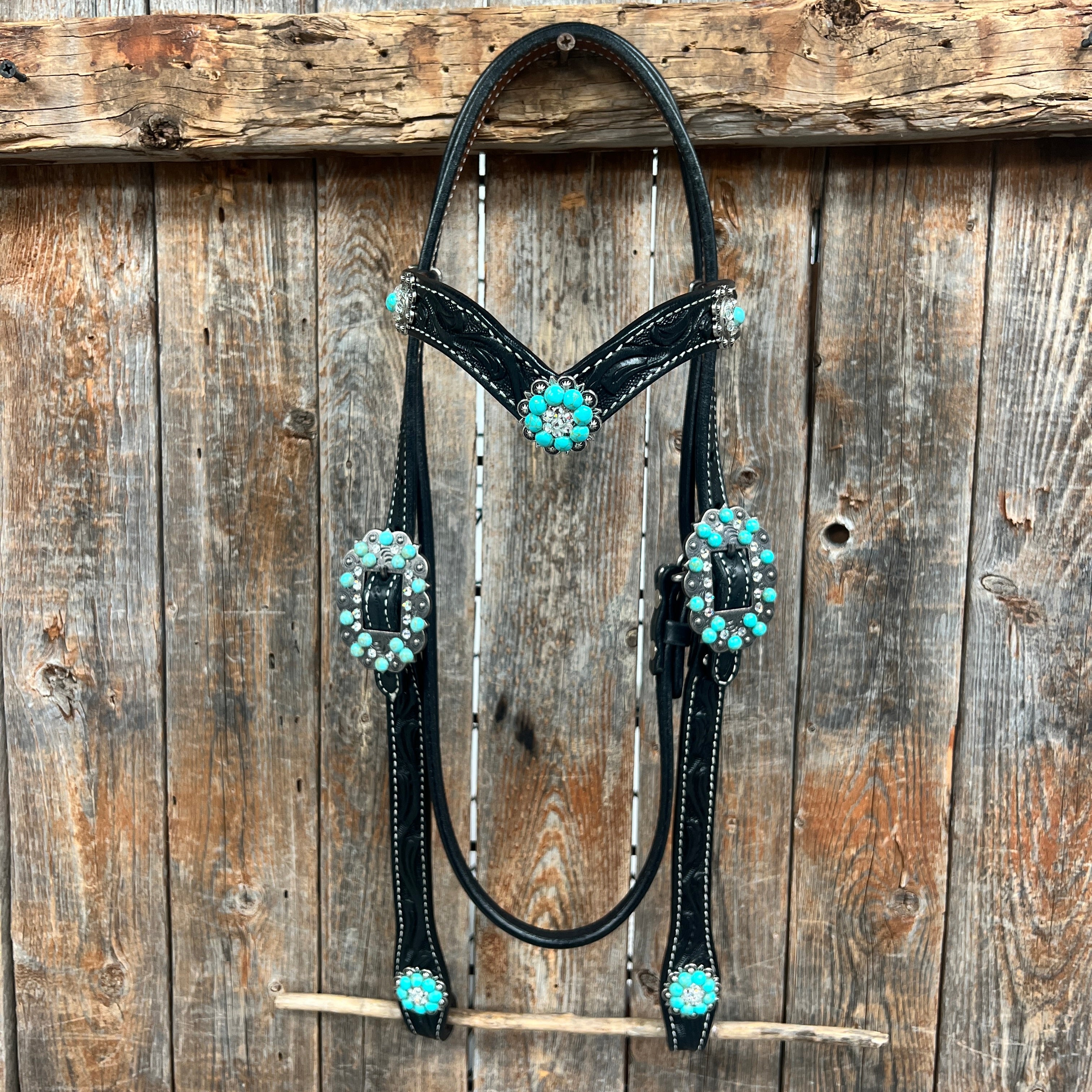 Black Floral Turquoise - Clear Browband / Breastcollar Tack Set  #BBBC601