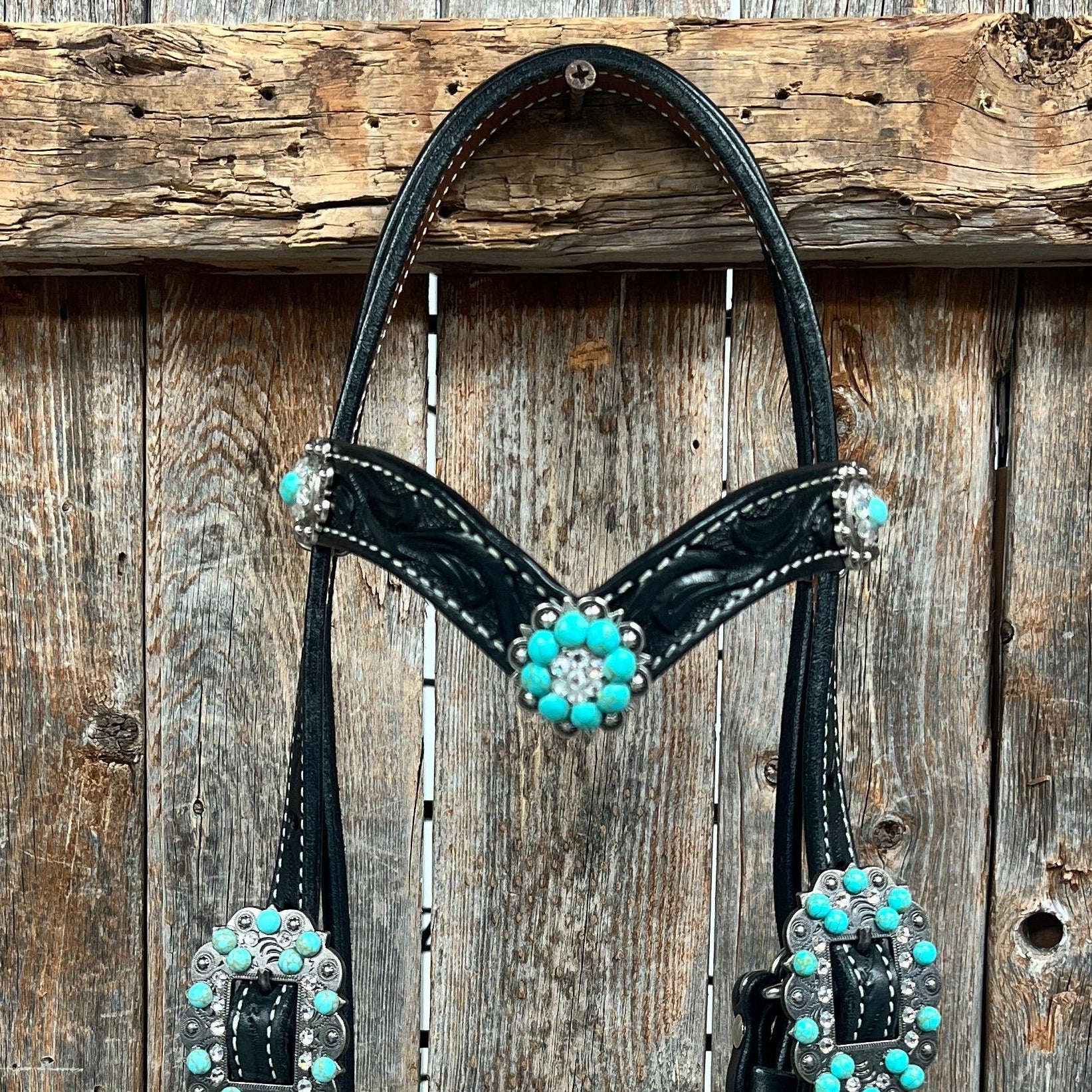 Black Floral Turquoise - Clear Browband / Breastcollar Tack Set  #BBBC601