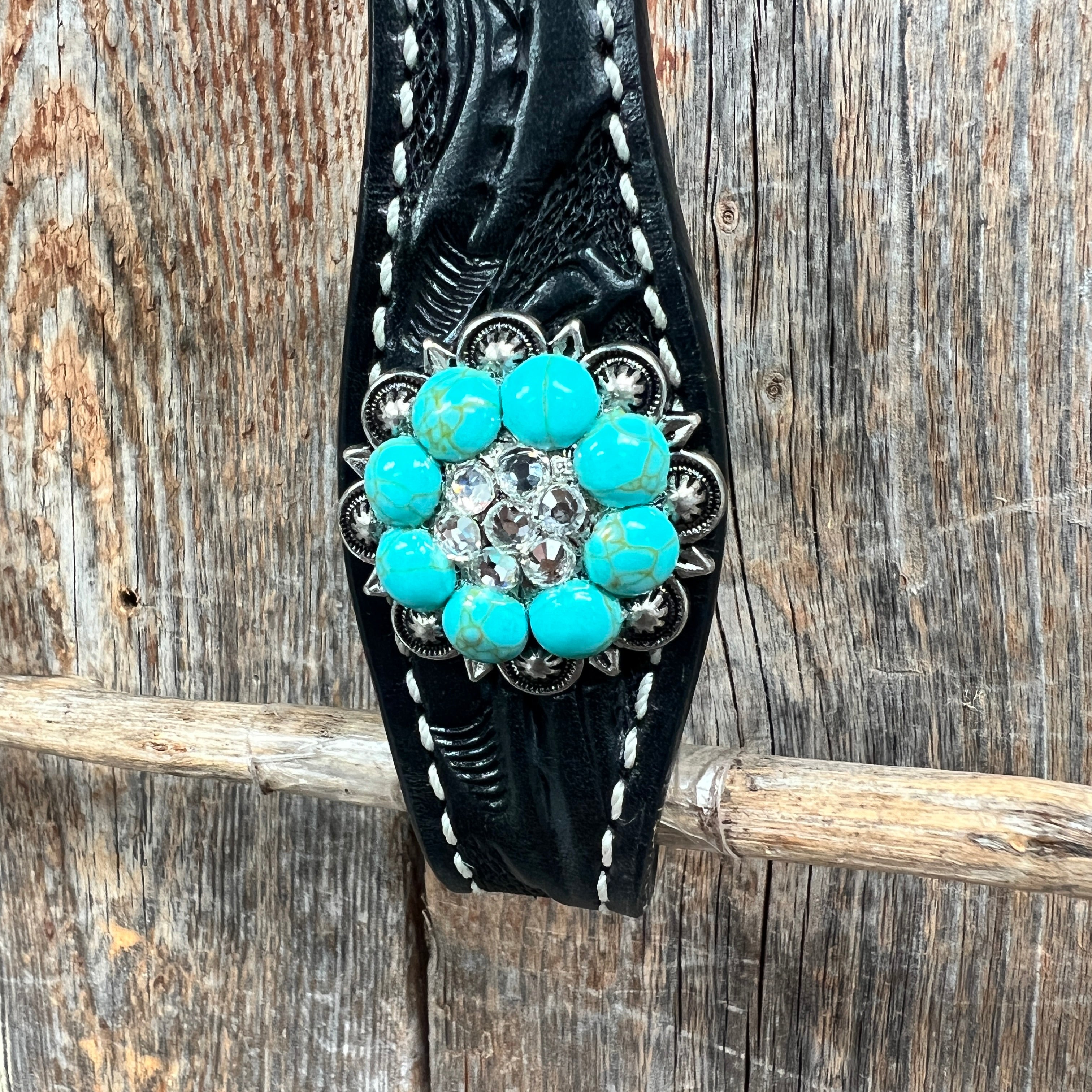 Black Floral Turquoise - Clear Browband / Breastcollar Tack Set  #BBBC601