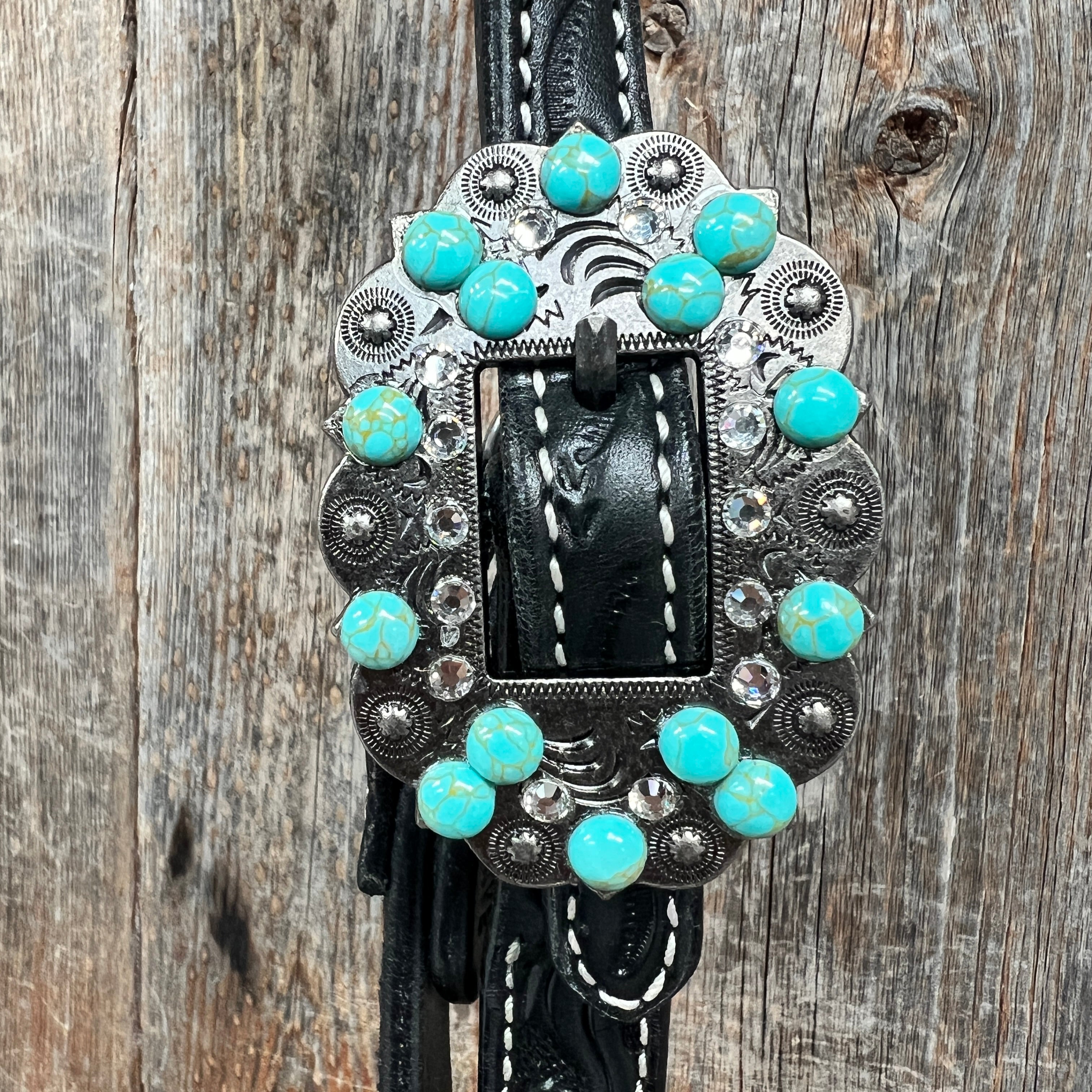 Black Floral Turquoise - Clear Browband / Breastcollar Tack Set  #BBBC601