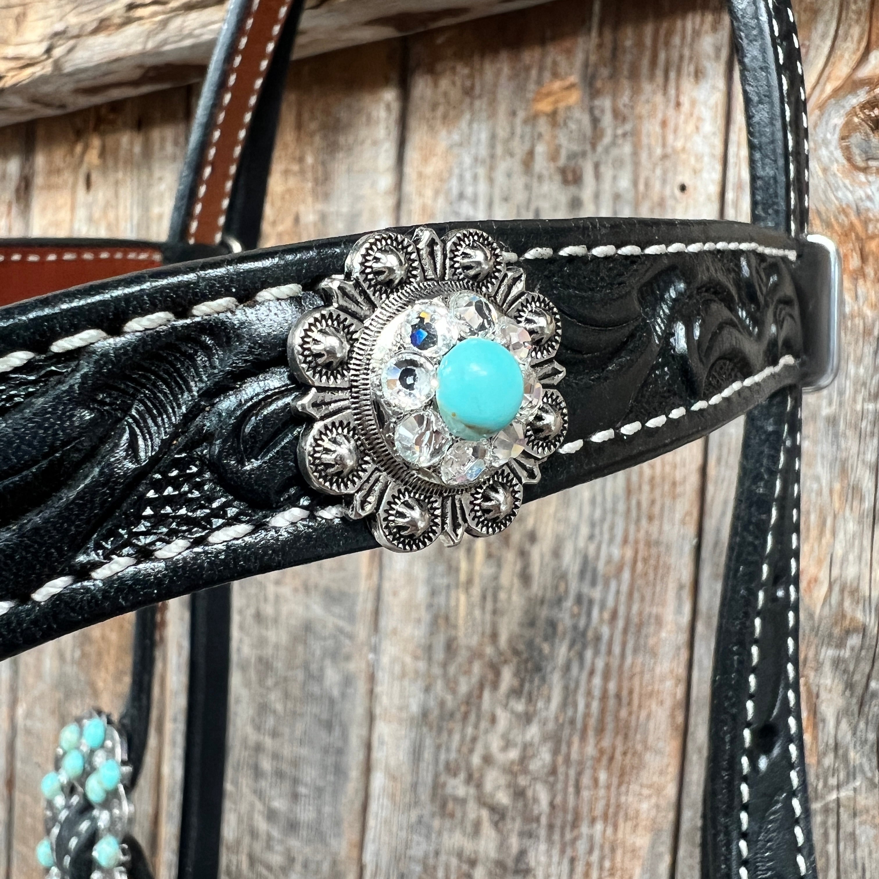 Black Floral Turquoise - Clear Browband / Breastcollar Tack Set  #BBBC601