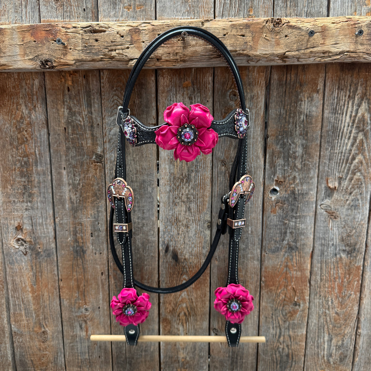 Black Basketweave Pink and Purple Browband/One Ear Tack Set  #BBBC407