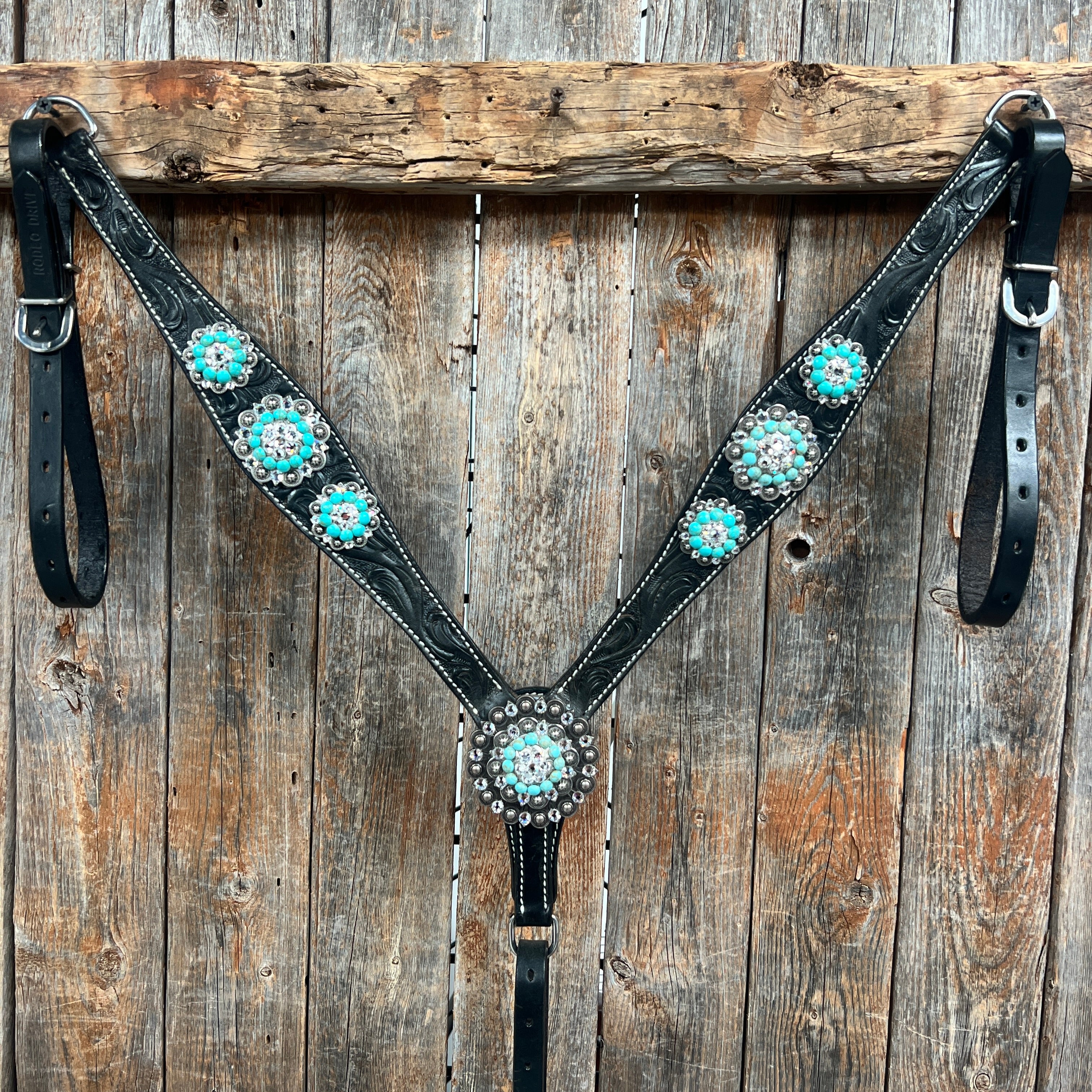 Black Floral Turquoise - Clear Browband / Breastcollar Tack Set  #BBBC601