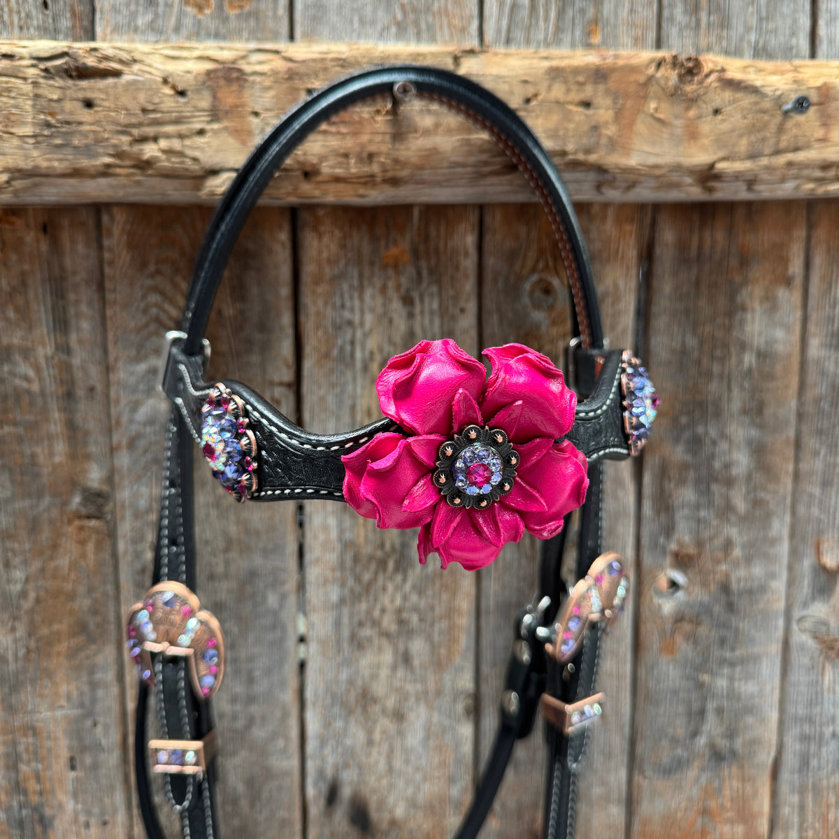 Black Basketweave Pink and Purple Browband/One Ear Tack Set  #BBBC407