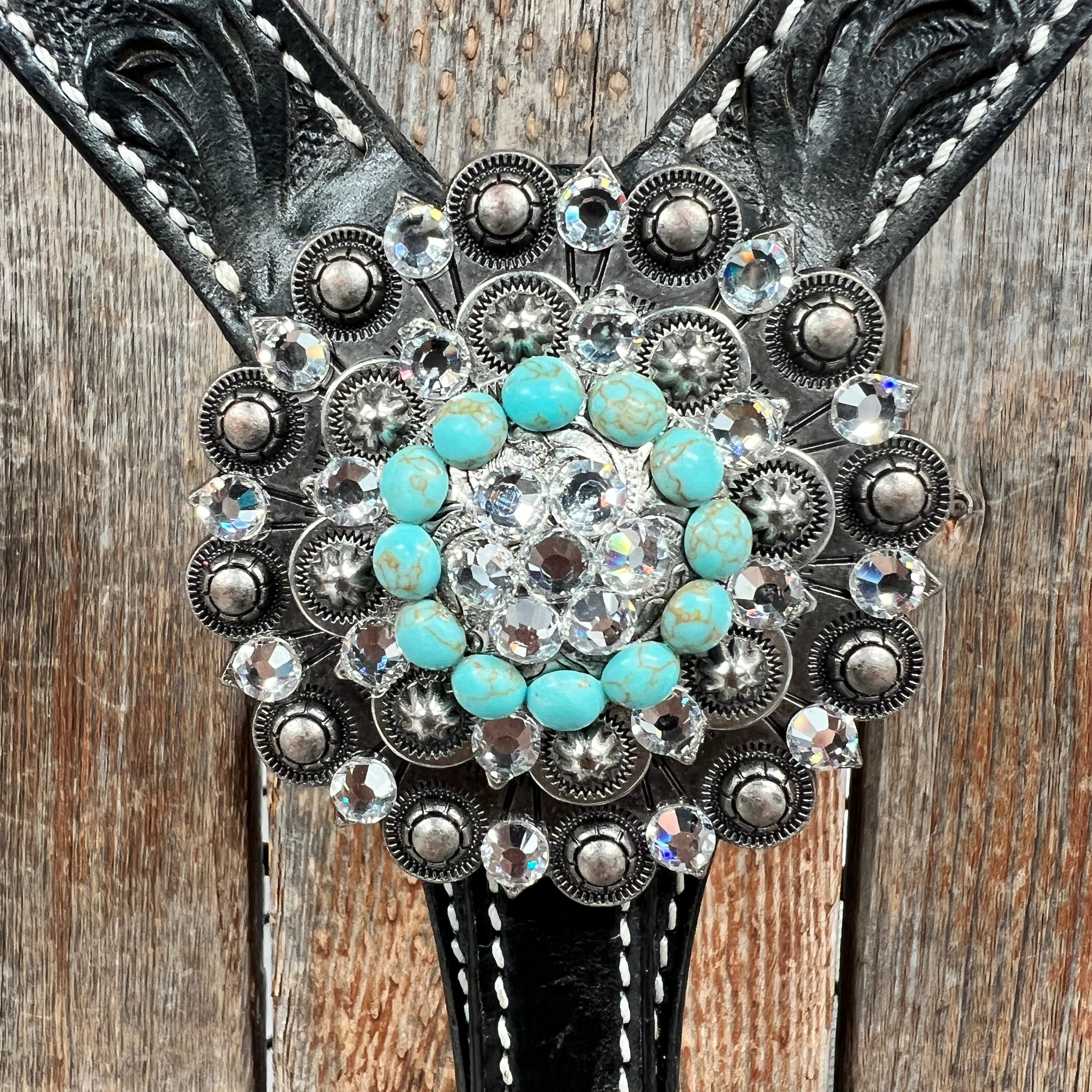 Black Floral Turquoise - Clear Browband / Breastcollar Tack Set  #BBBC601