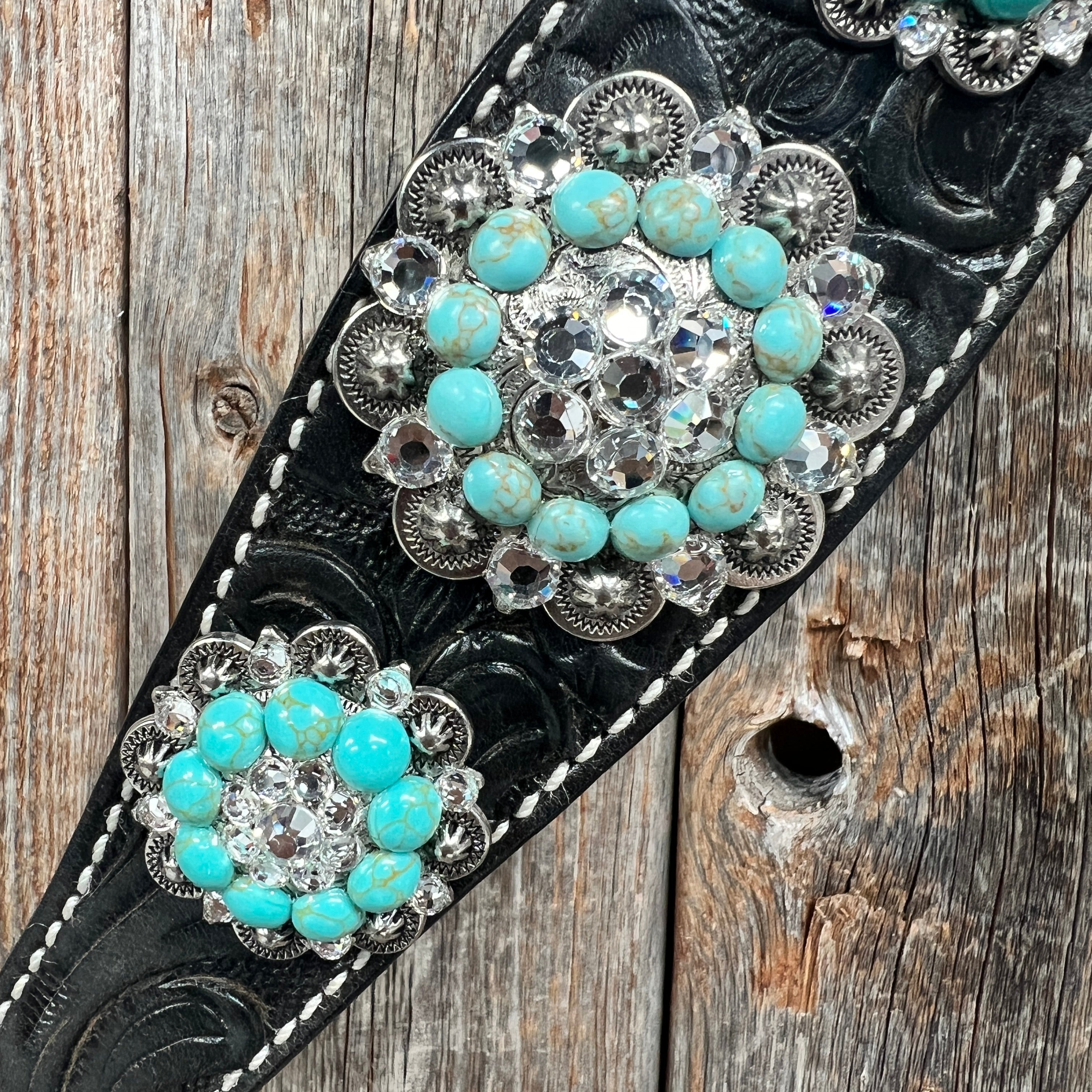 Black Floral Turquoise - Clear Browband / Breastcollar Tack Set  #BBBC601