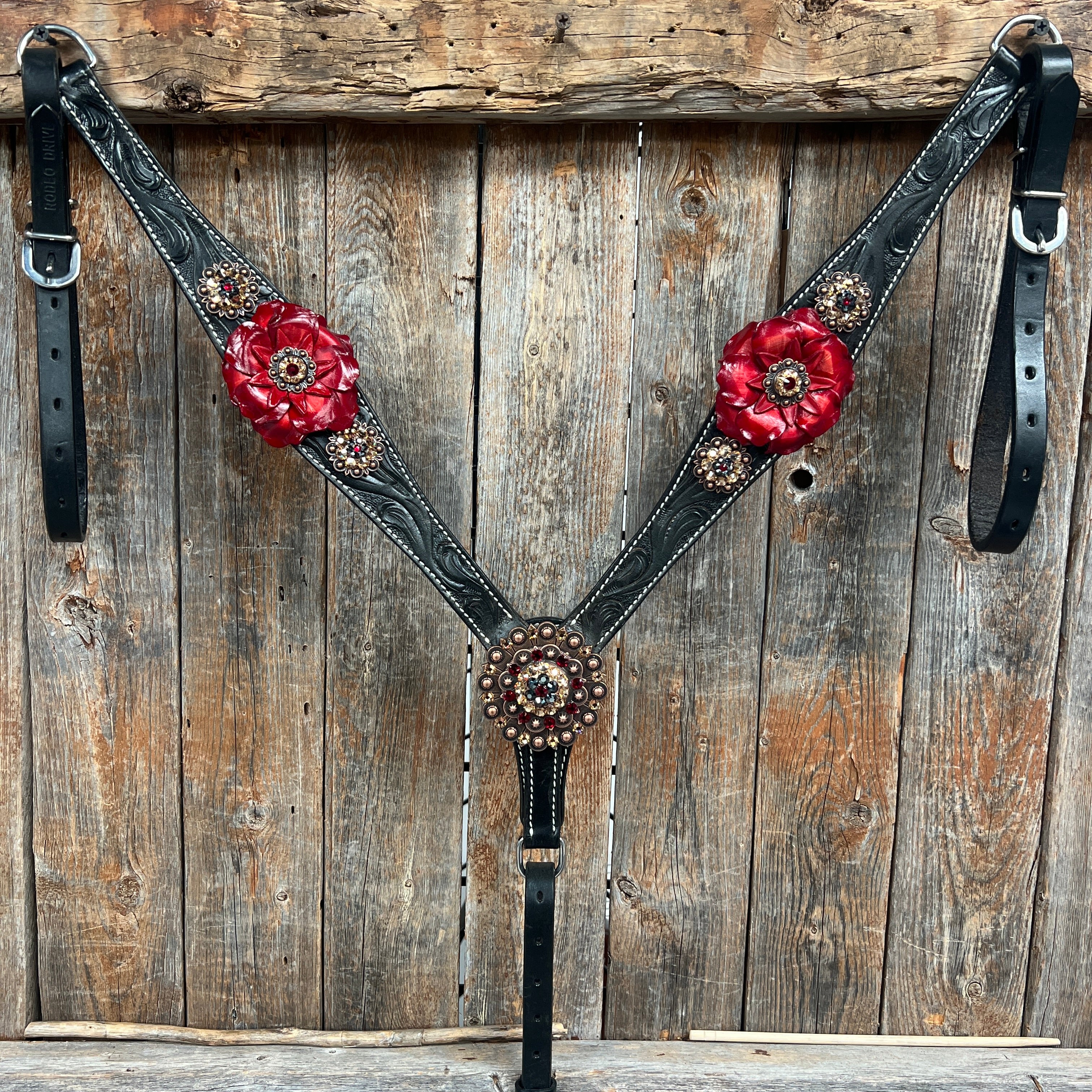 Black Floral Ruby - Champagne Browband / Breastcollar Tack Set  #BBBC607