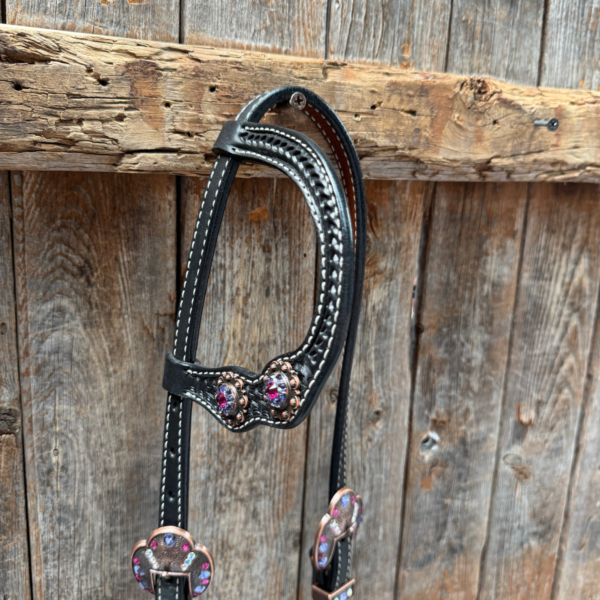 Black Basketweave Pink and Purple Browband/One Ear Tack Set  #BBBC407