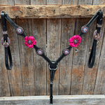 Black Basketweave Pink and Purple Browband/One Ear Tack Set  #BBBC407