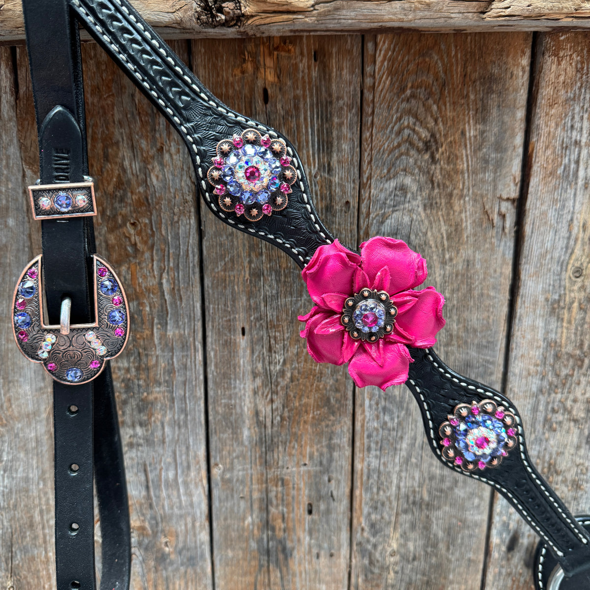 Black Basketweave Pink and Purple Browband/One Ear Tack Set  #BBBC407