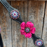 Black Basketweave Pink and Purple Browband/One Ear Tack Set  #BBBC407