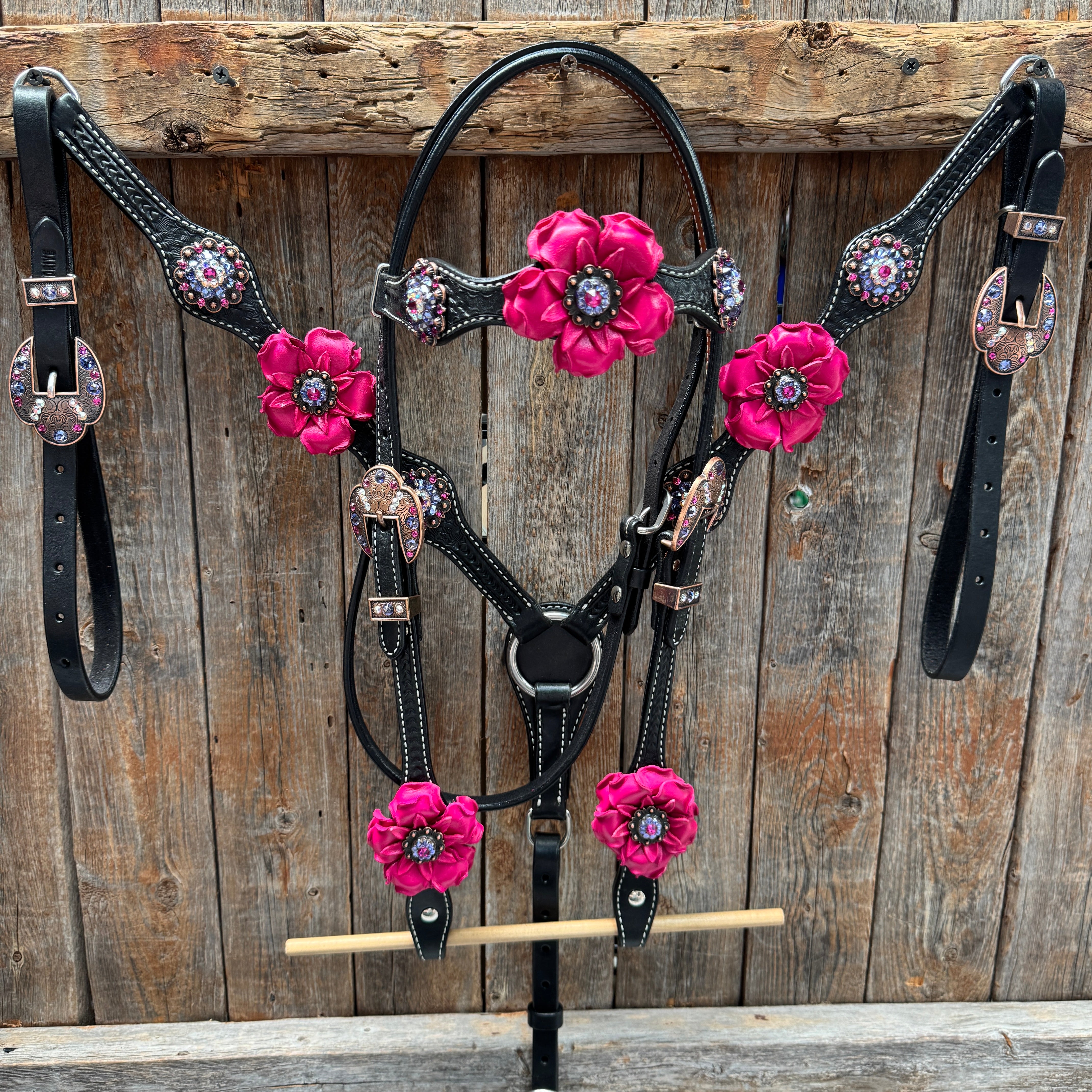 Black Basketweave Pink and Purple Browband/One Ear Tack Set  #BBBC407