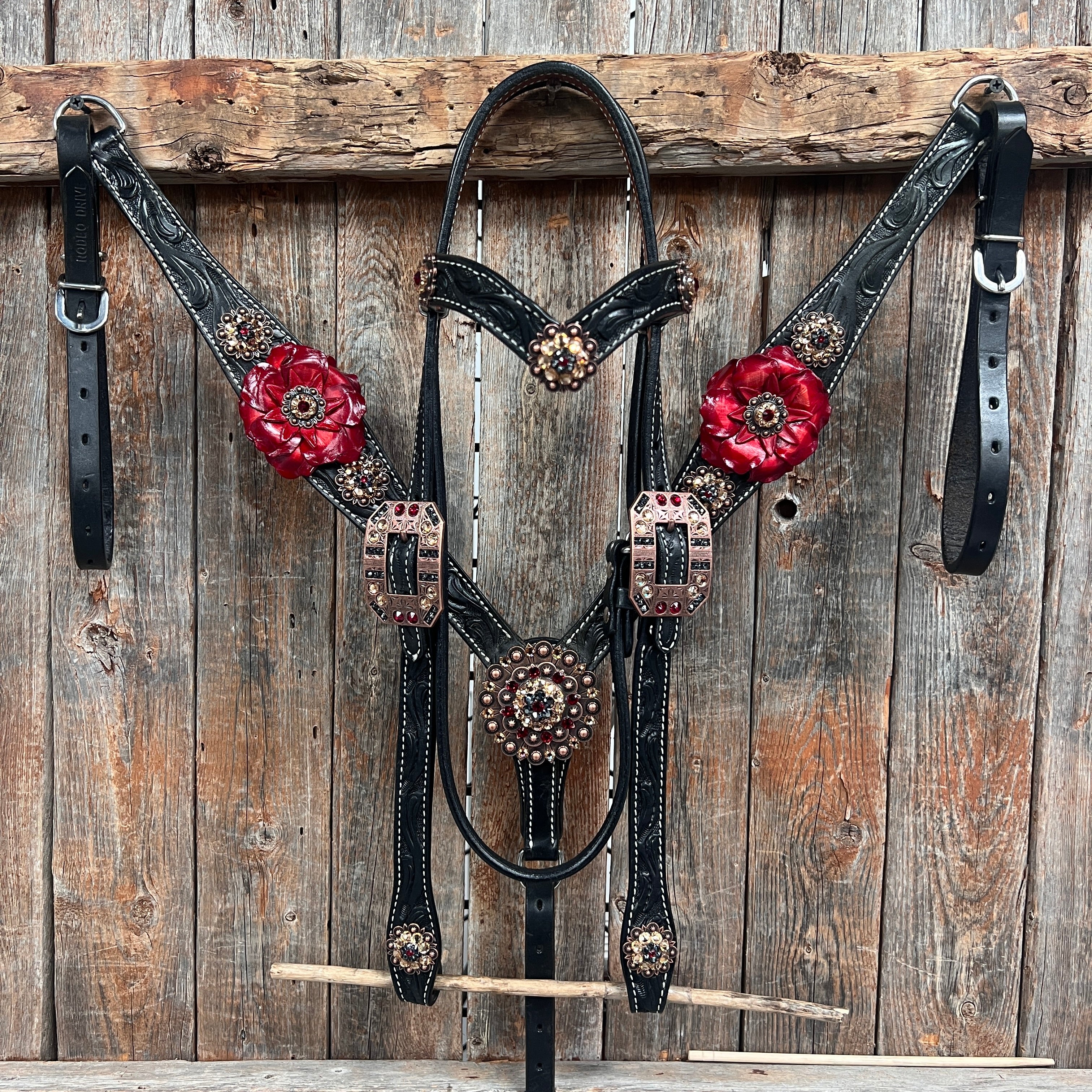 Black Floral Ruby - Champagne Browband / Breastcollar Tack Set  #BBBC607