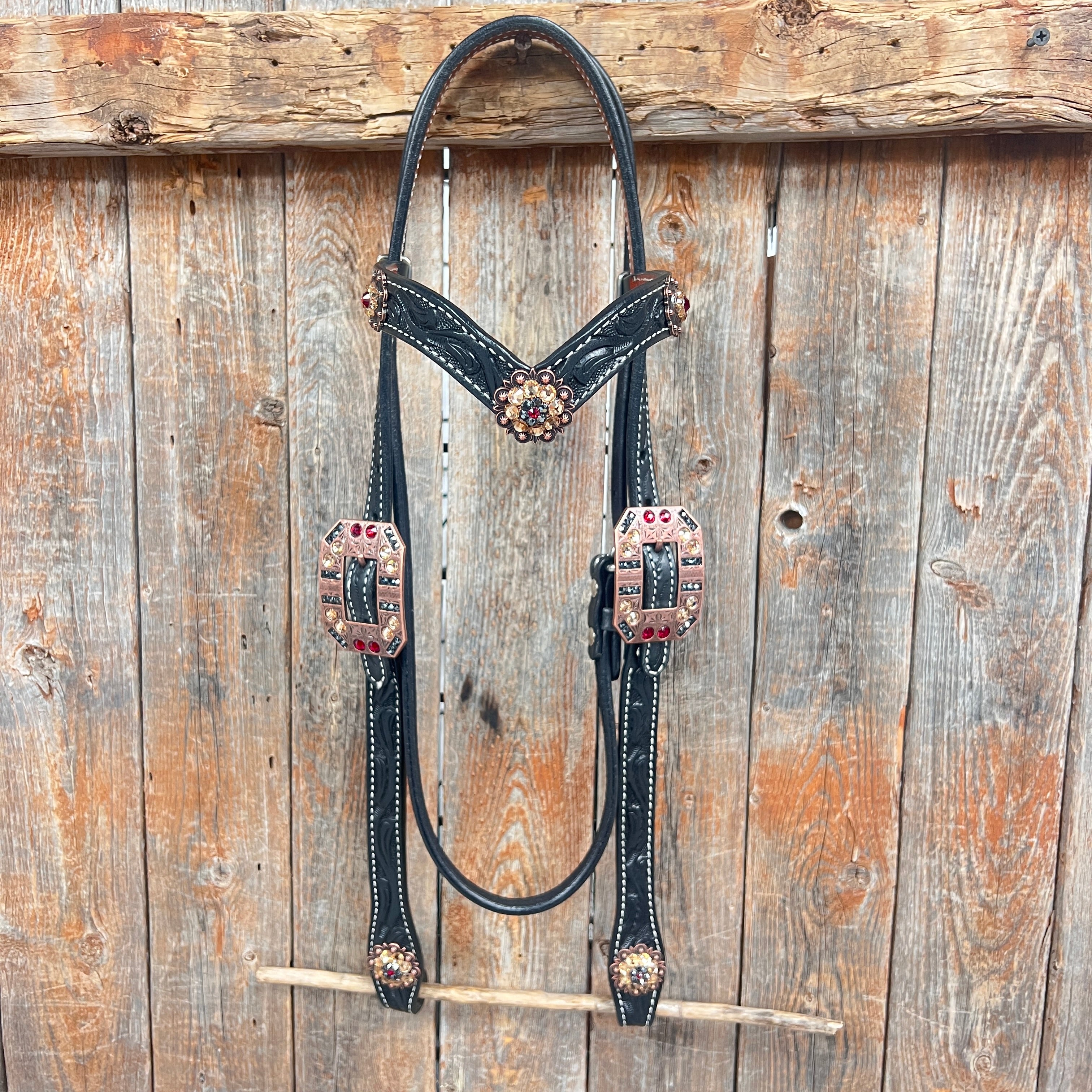 Black Floral Ruby - Champagne Browband / Breastcollar Tack Set  #BBBC607