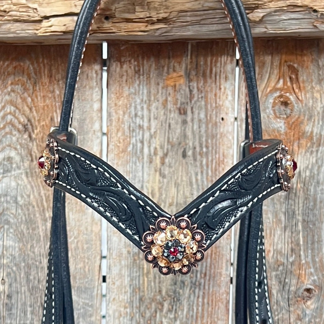 Black Floral Ruby - Champagne Browband / Breastcollar Tack Set  #BBBC607