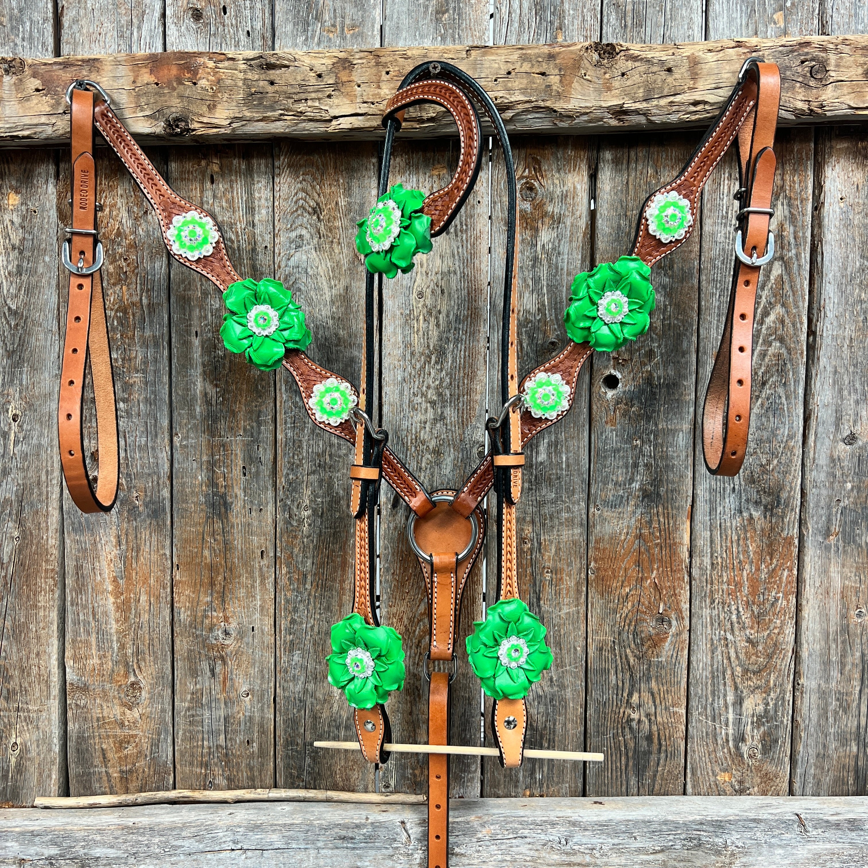 Light Oil Basketweave Neon Green - AB Browband/One Ear Tack Set  #BBBC608