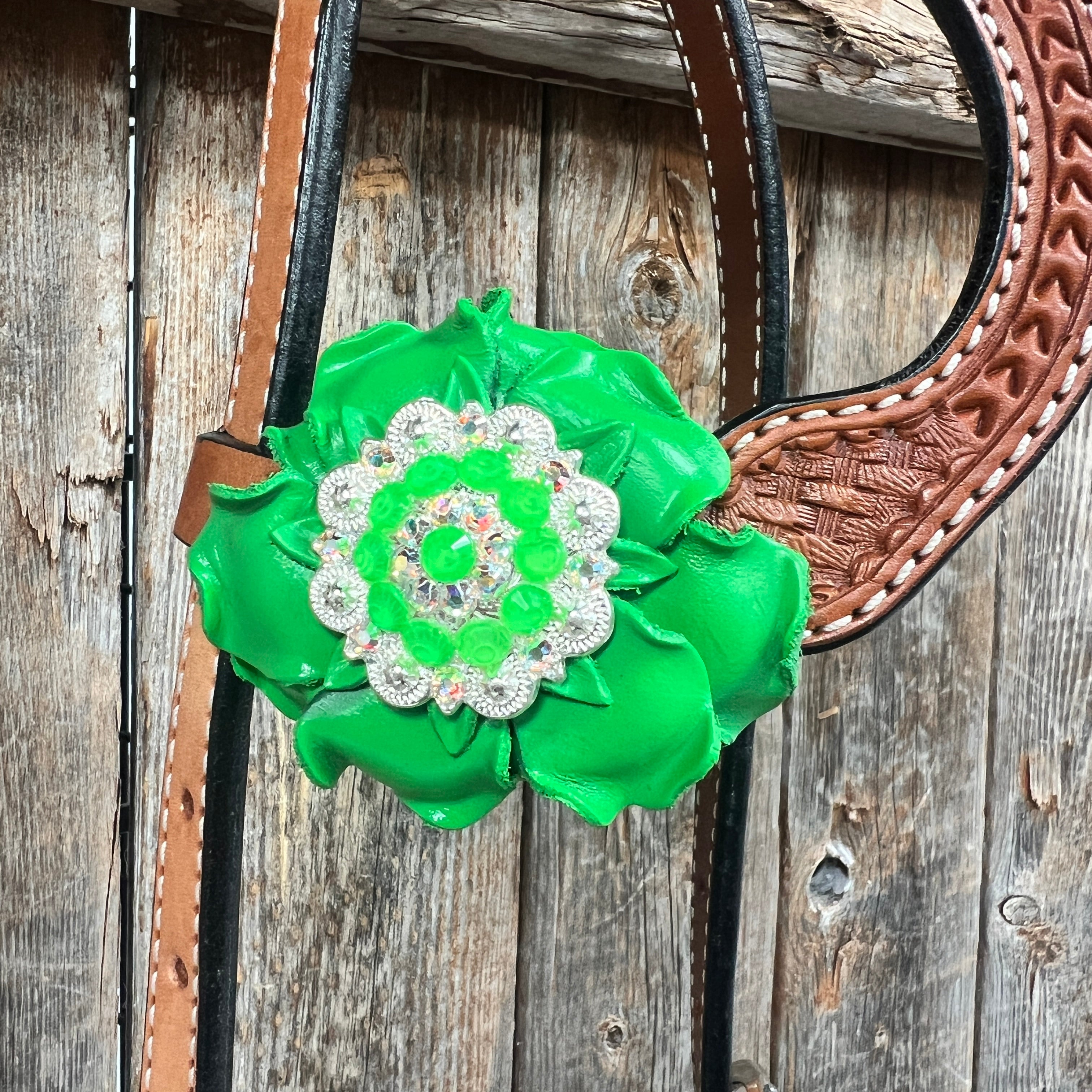 Light Oil Basketweave Neon Green - AB Browband/One Ear Tack Set  #BBBC608