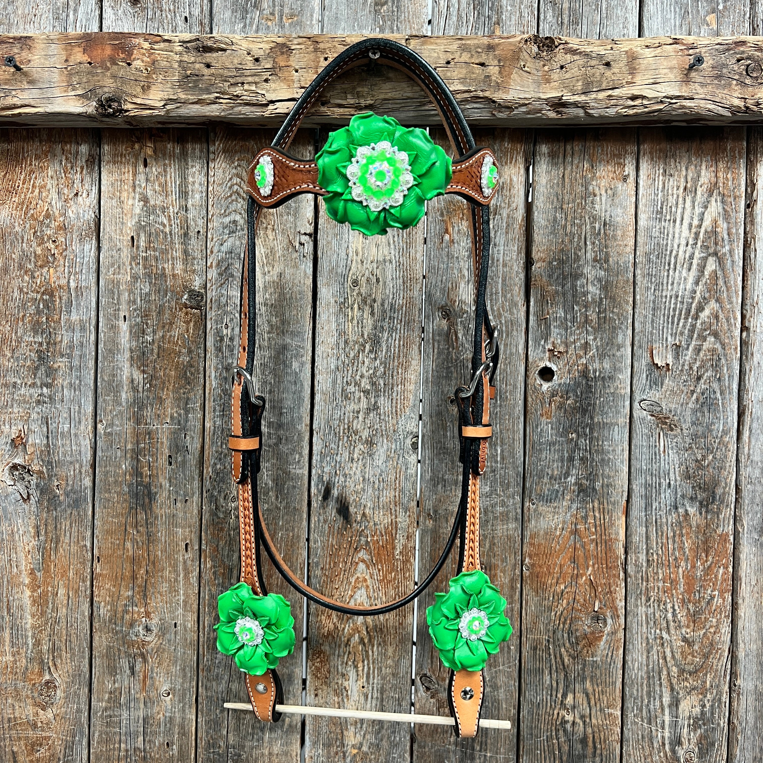 Light Oil Basketweave Neon Green - AB Browband/One Ear Tack Set  #BBBC608