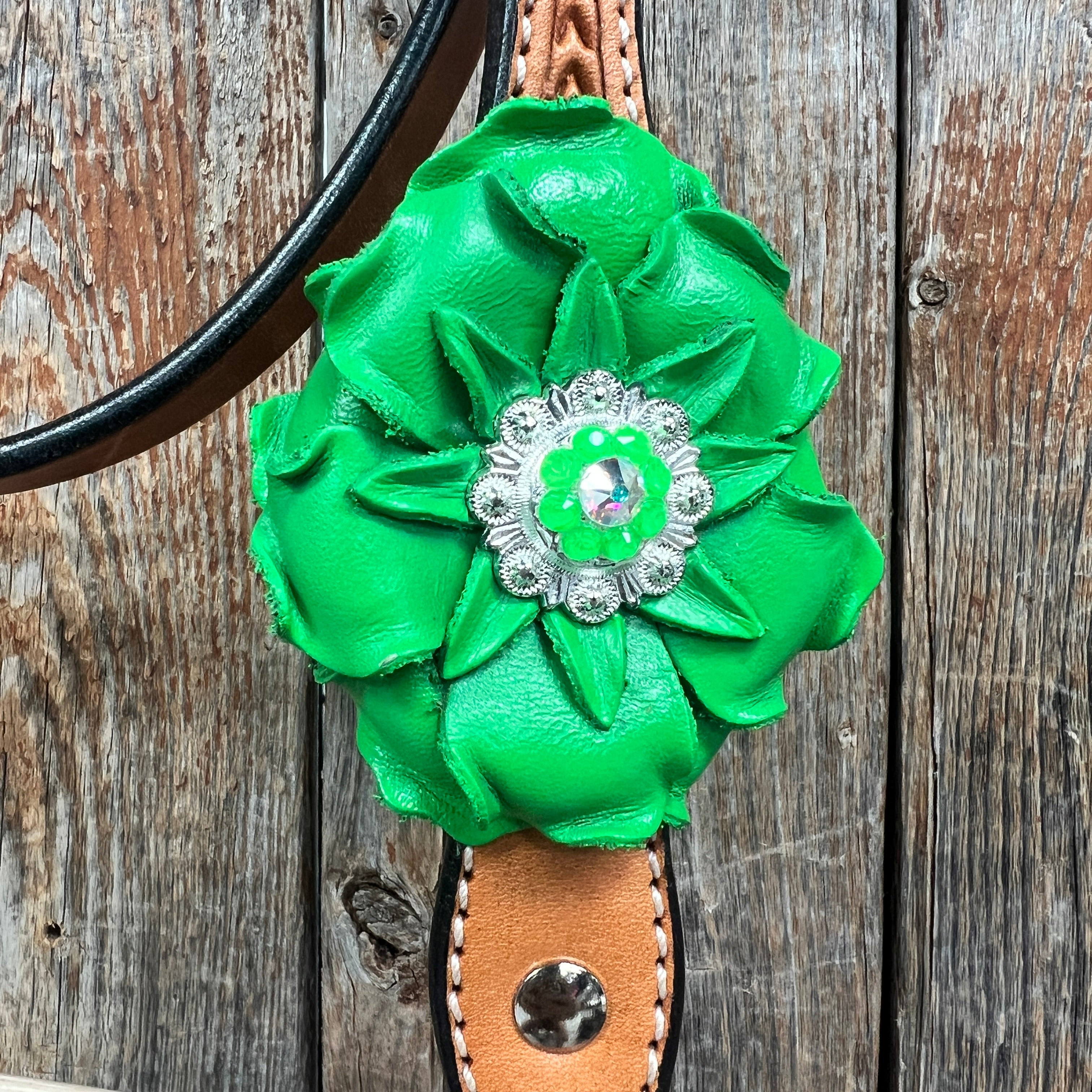 Light Oil Basketweave Neon Green - AB Browband/One Ear Tack Set  #BBBC608