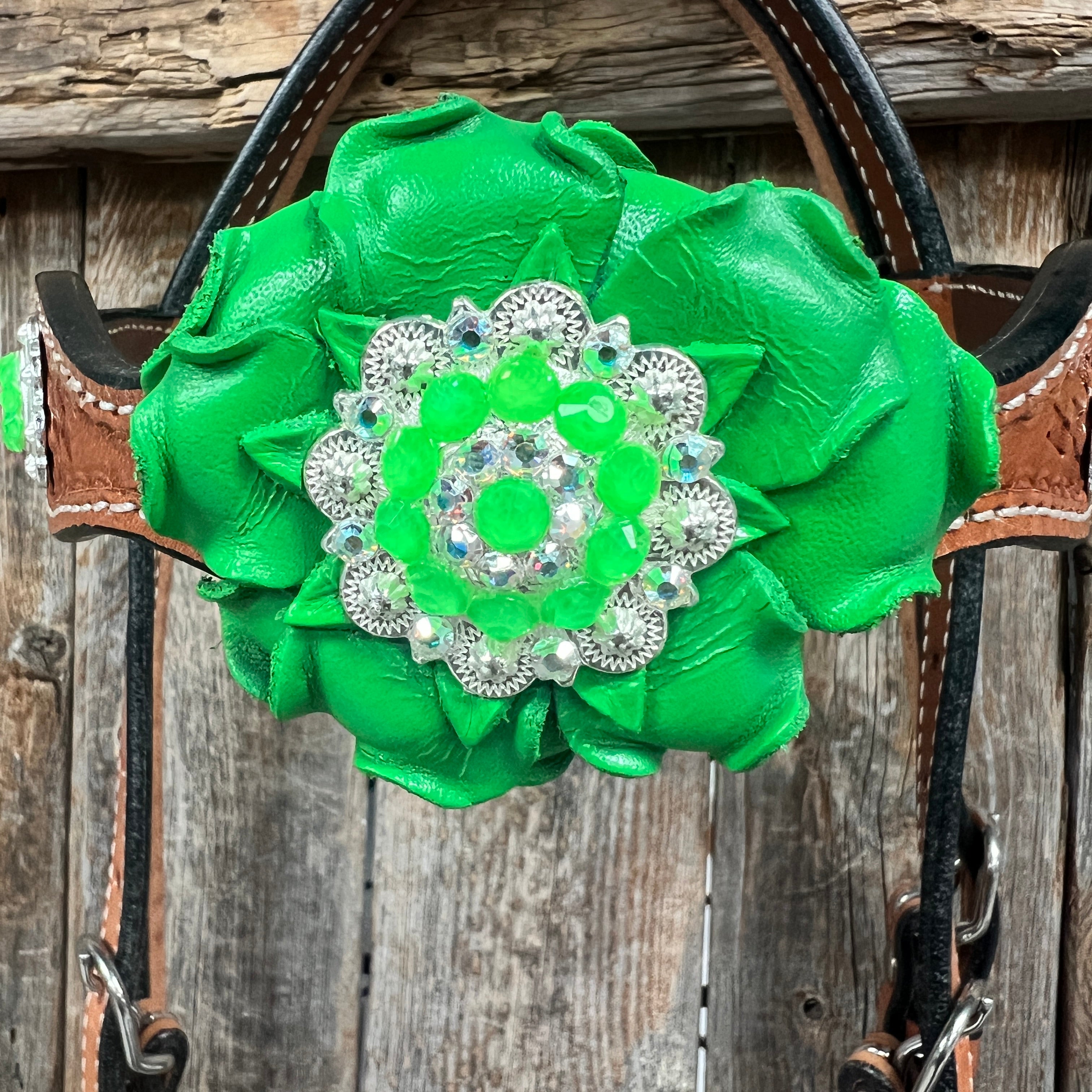 Light Oil Basketweave Neon Green - AB Browband/One Ear Tack Set  #BBBC608