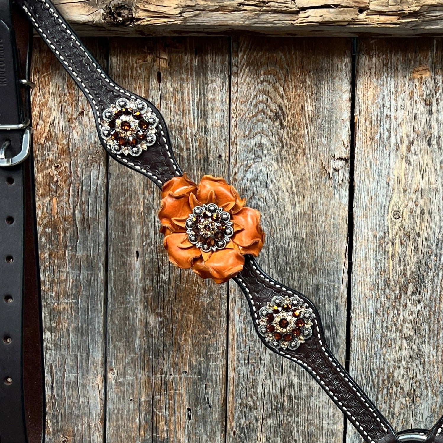Dark Oil Basketweave Champagne - Topaz Browband/One Ear Tack Set  #BBBC602