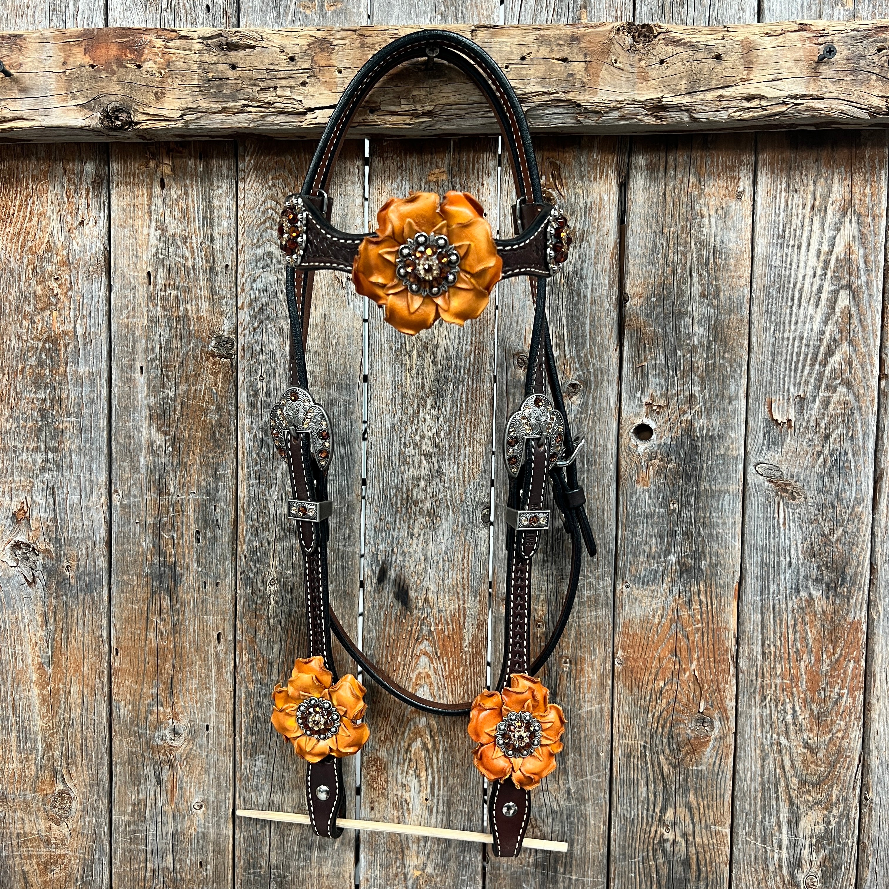 Dark Oil Basketweave Champagne - Topaz Browband/One Ear Tack Set  #BBBC602