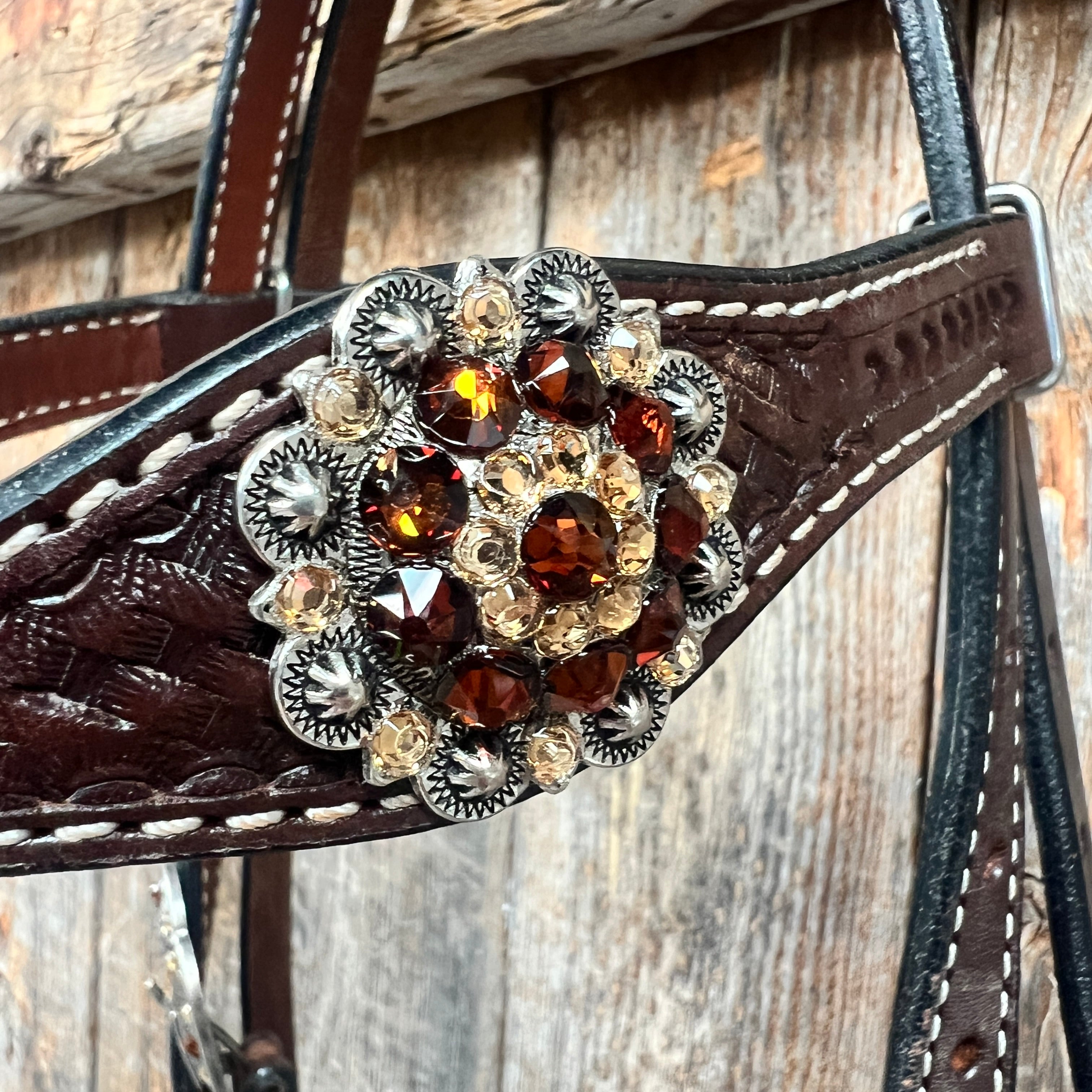 Dark Oil Basketweave Champagne - Topaz Browband/One Ear Tack Set  #BBBC602