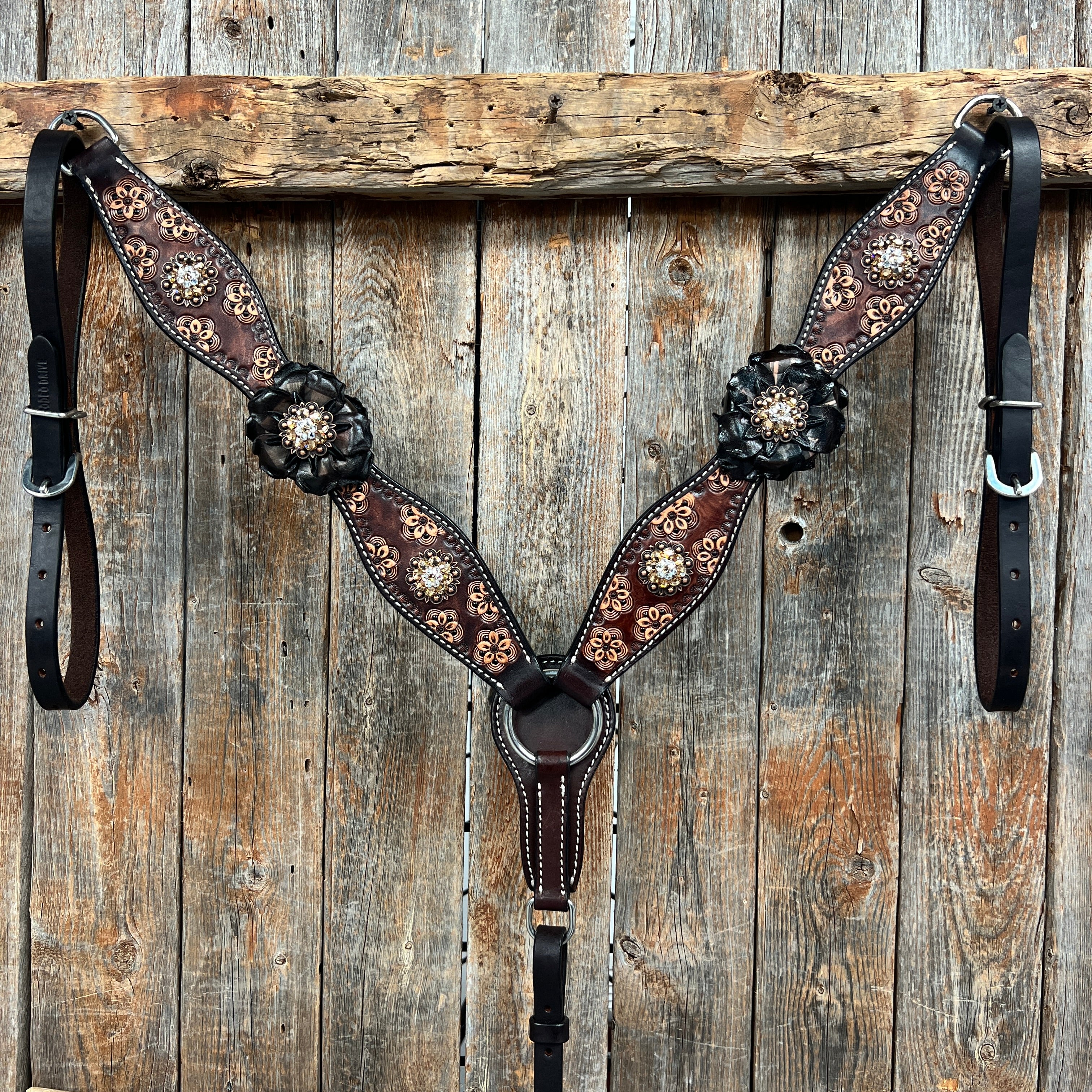 Flower Power Black - Champagne Browband/One Ear Headstall & Breastcollar Tack Set #BBBC605