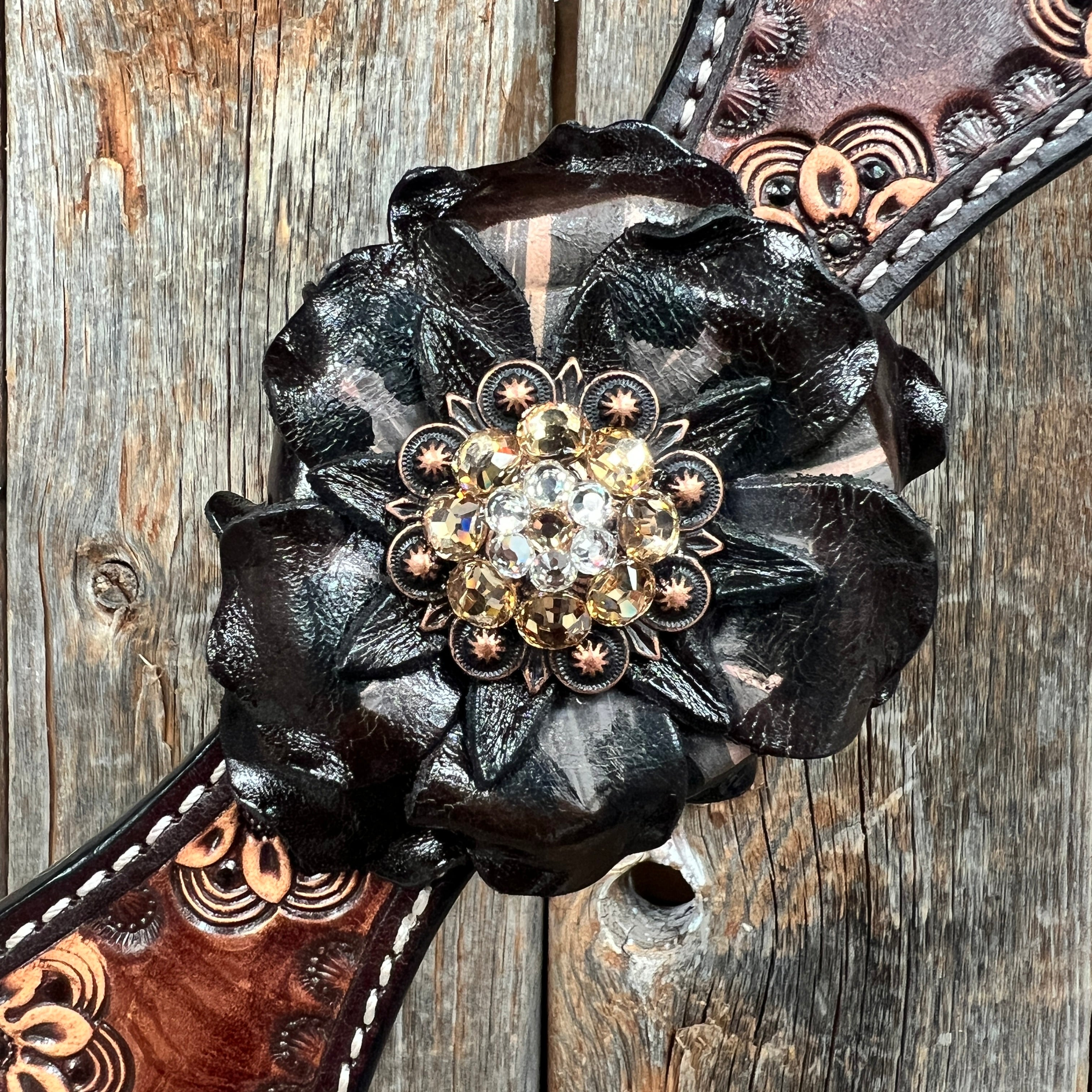 Flower Power Black - Champagne Browband/One Ear Headstall & Breastcollar Tack Set #BBBC605