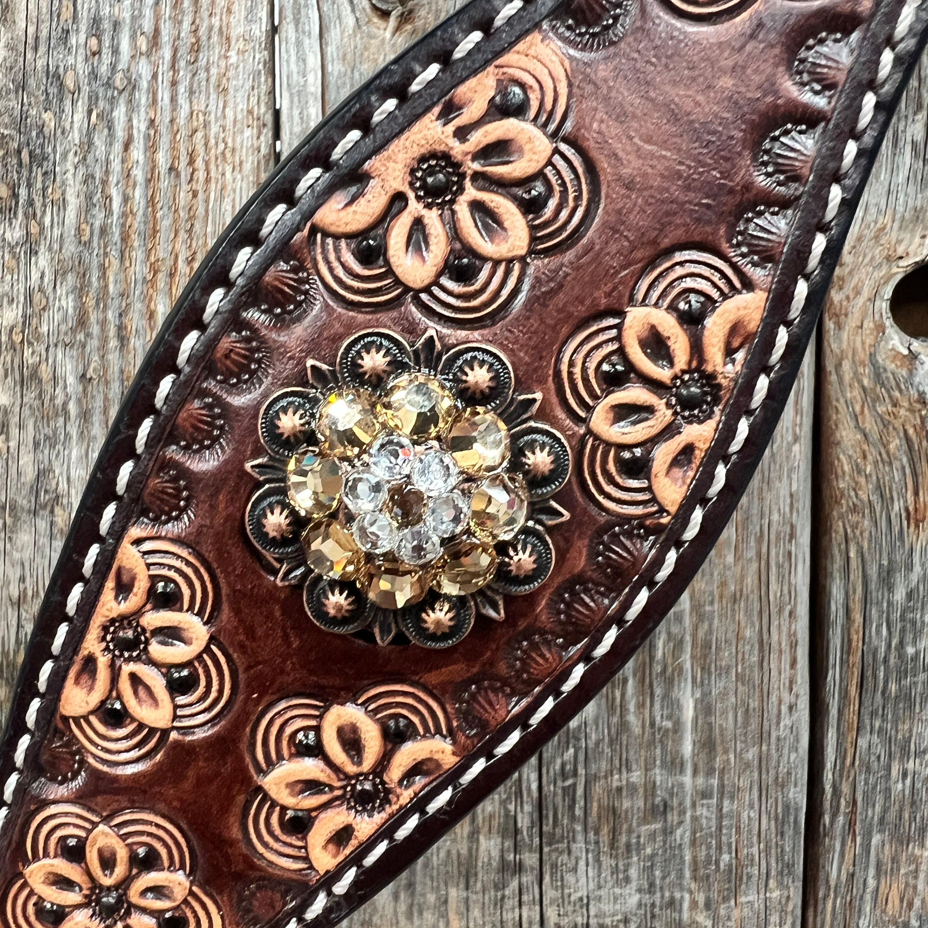 Flower Power Black - Champagne Browband/One Ear Headstall & Breastcollar Tack Set #BBBC605