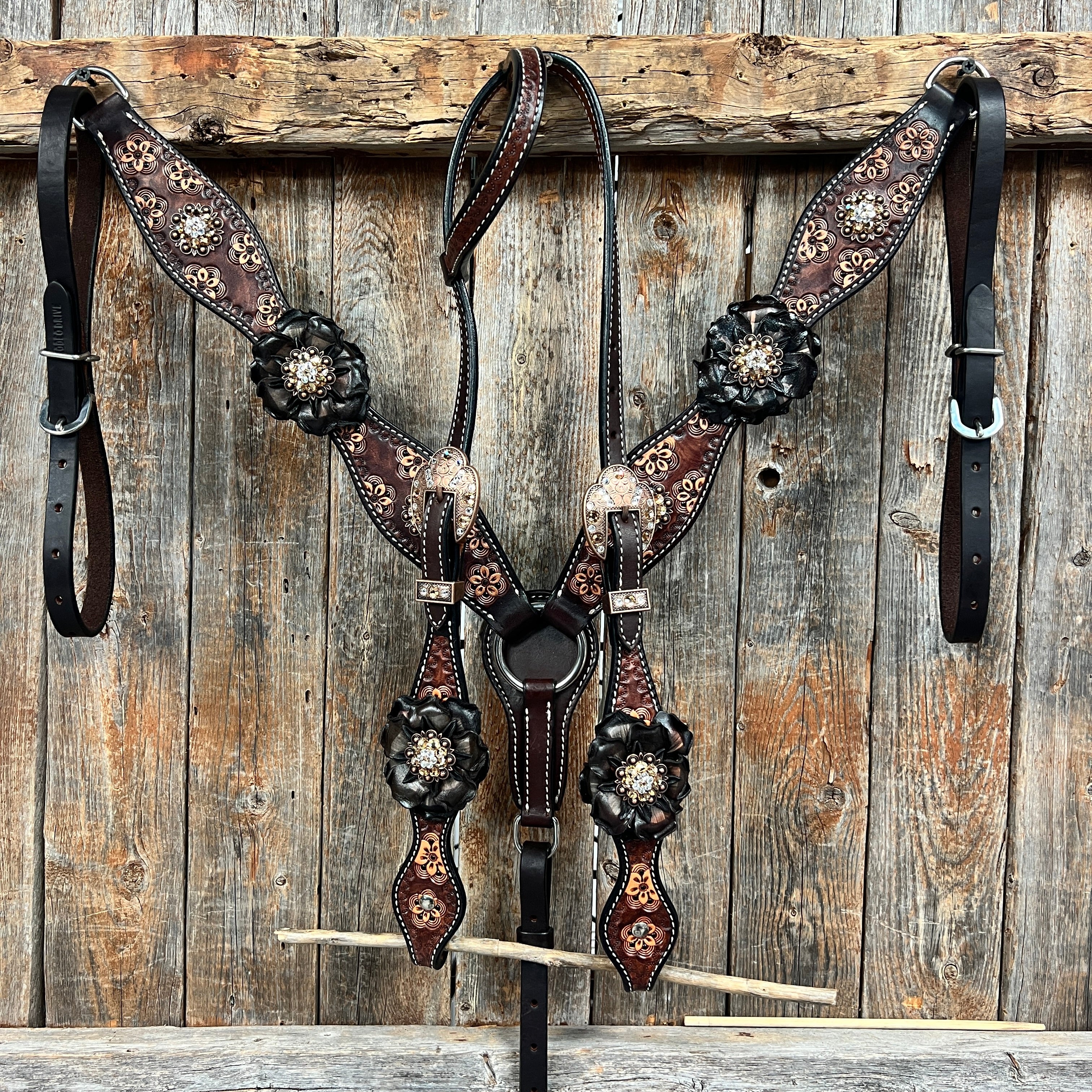 Flower Power Black - Champagne Browband/One Ear Headstall & Breastcollar Tack Set #BBBC605