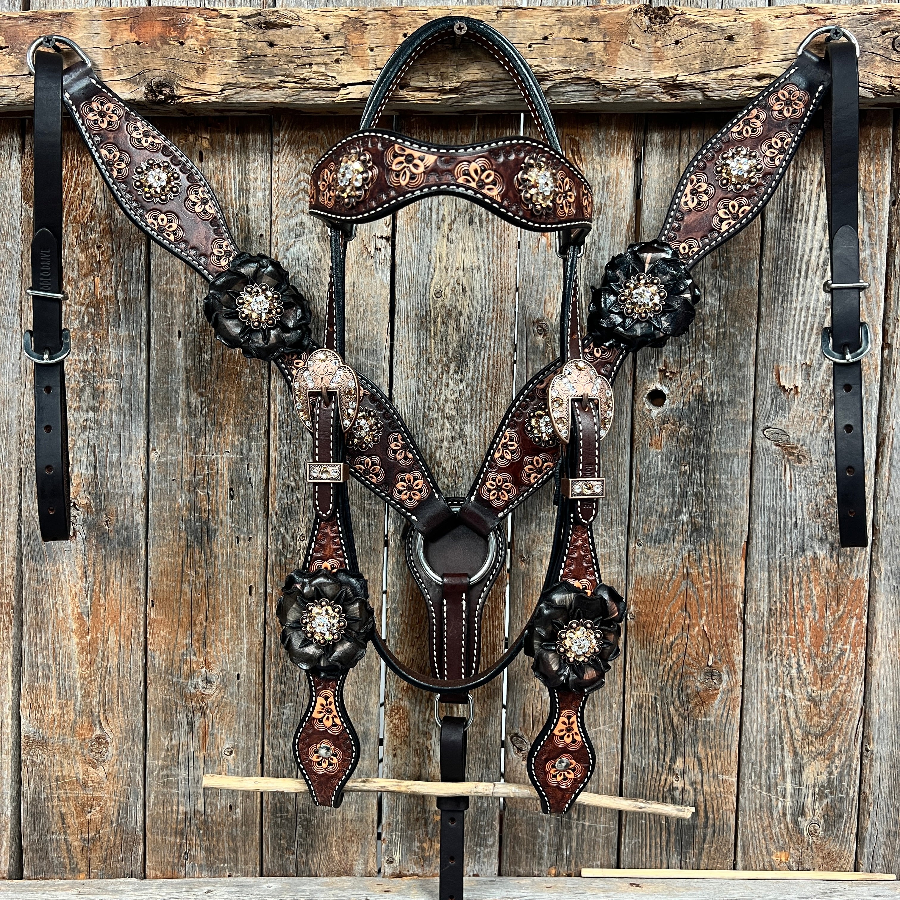 Flower Power Black - Champagne Browband/One Ear Headstall & Breastcollar Tack Set #BBBC605