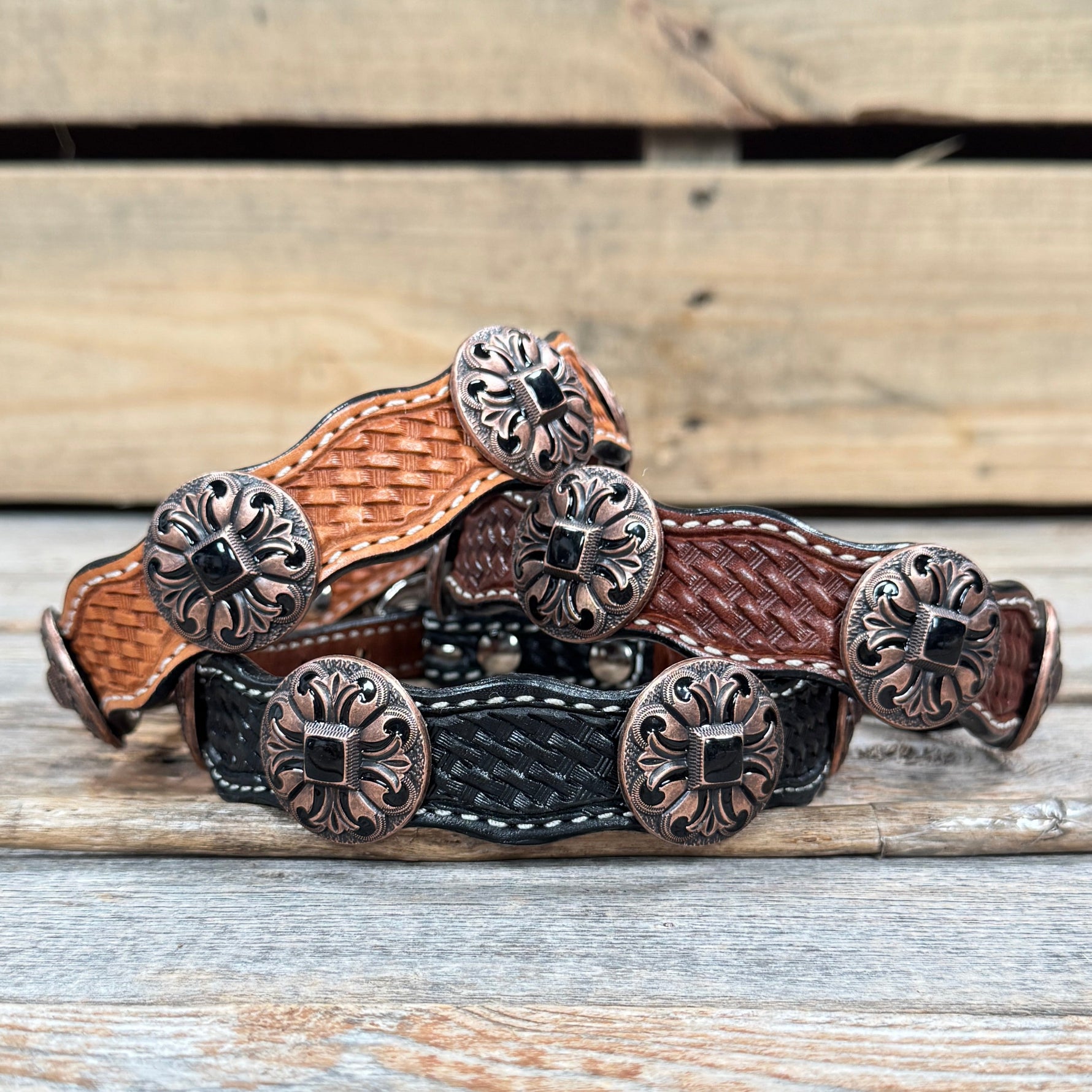 Genuine Leather Dog Collar or Leash With Black Fleur De Lis Conchos 10" to 22" W241 -DC73