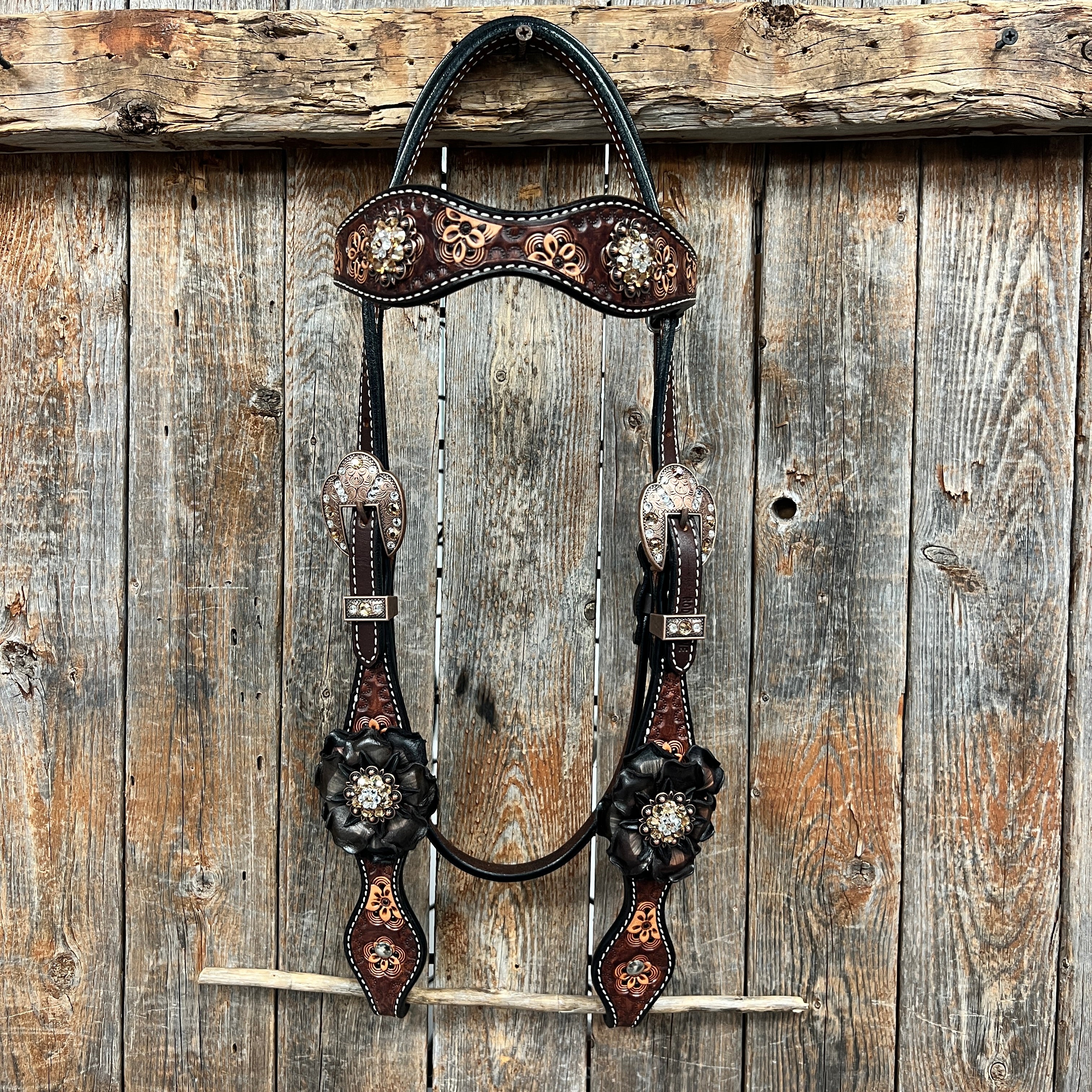 Flower Power Black - Champagne Browband/One Ear Headstall & Breastcollar Tack Set #BBBC605