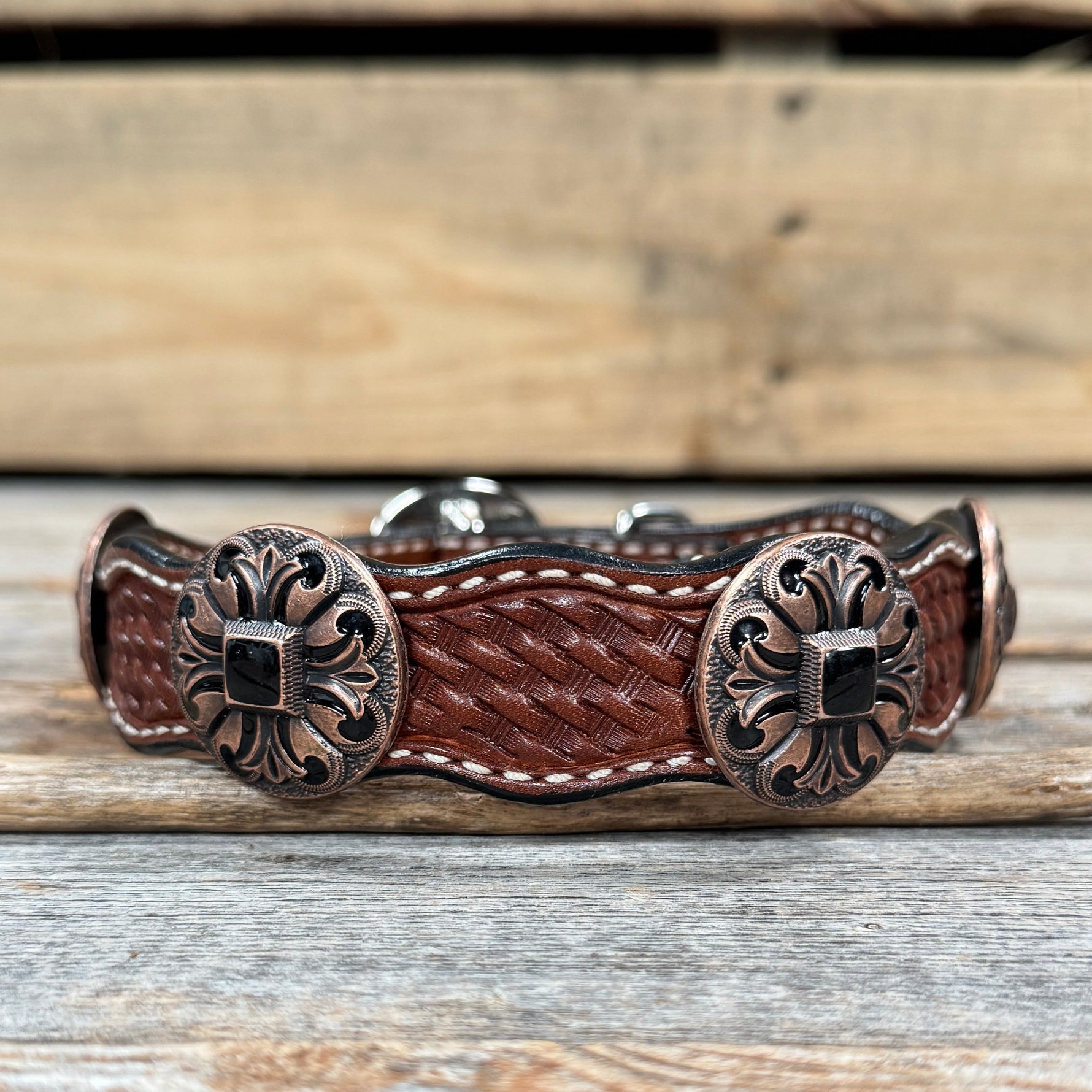 Genuine Leather Dog Collar or Leash With Black Fleur De Lis Conchos 10" to 22" W241 -DC73