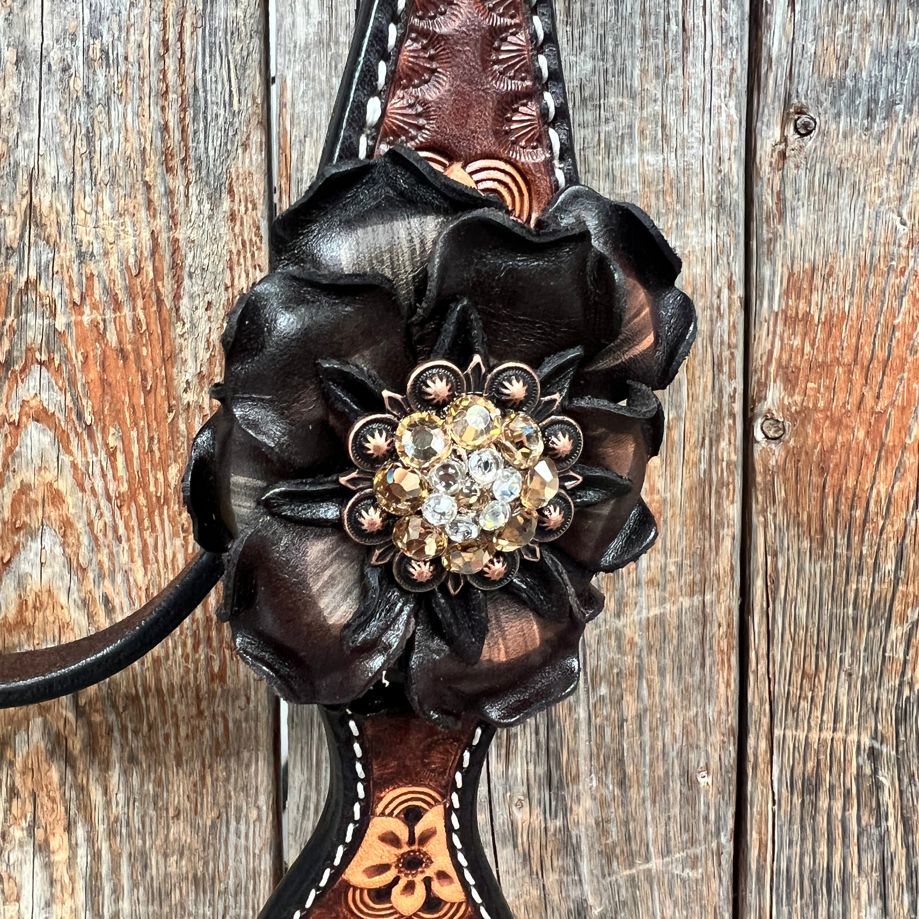 Flower Power Black - Champagne Browband/One Ear Headstall & Breastcollar Tack Set #BBBC605