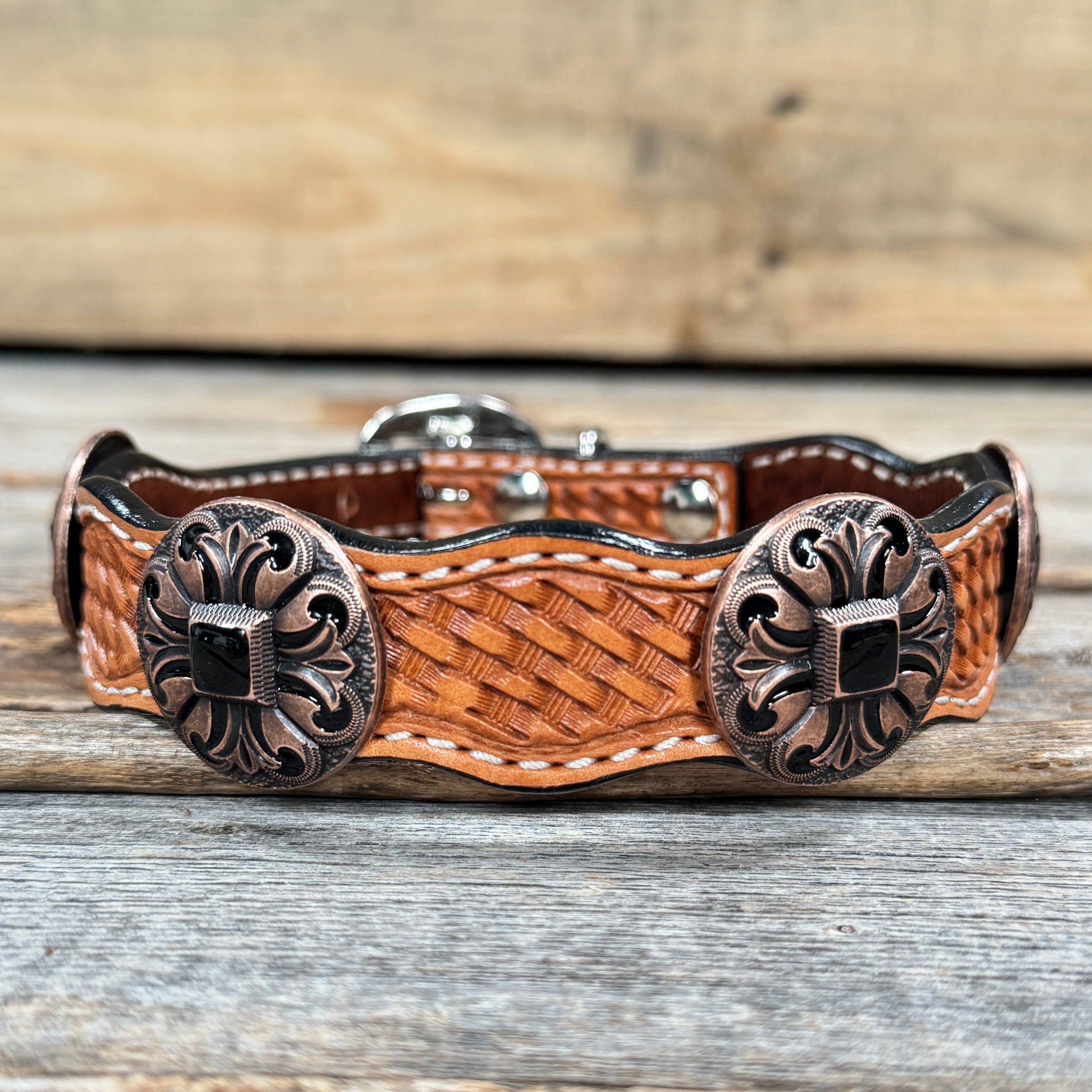 Leather Dog Collar With Black Fleur De Lis Conchos 12" to 22" W241 -DC73