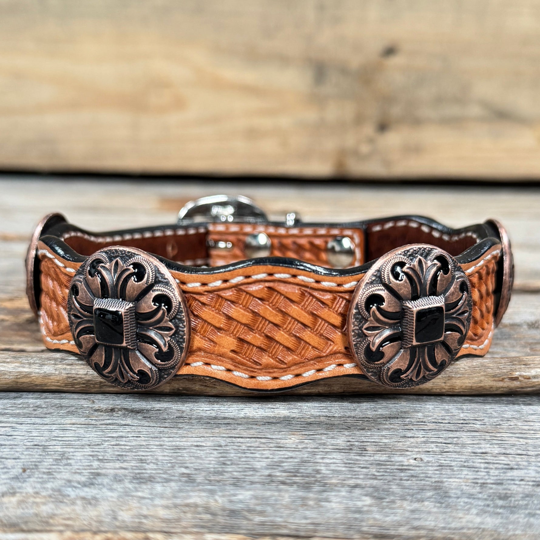 Genuine Leather Dog Collar or Leash With Black Fleur De Lis Conchos 10" to 22" W241 -DC73