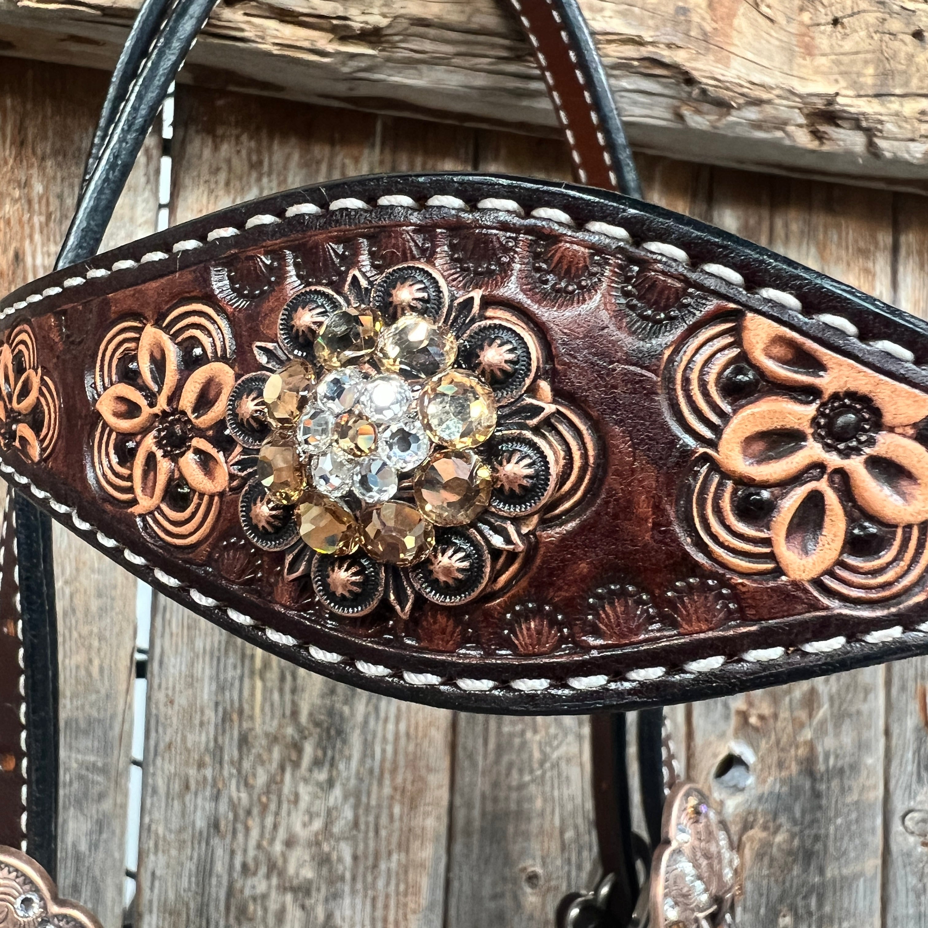 Flower Power Black - Champagne Browband/One Ear Headstall & Breastcollar Tack Set #BBBC605