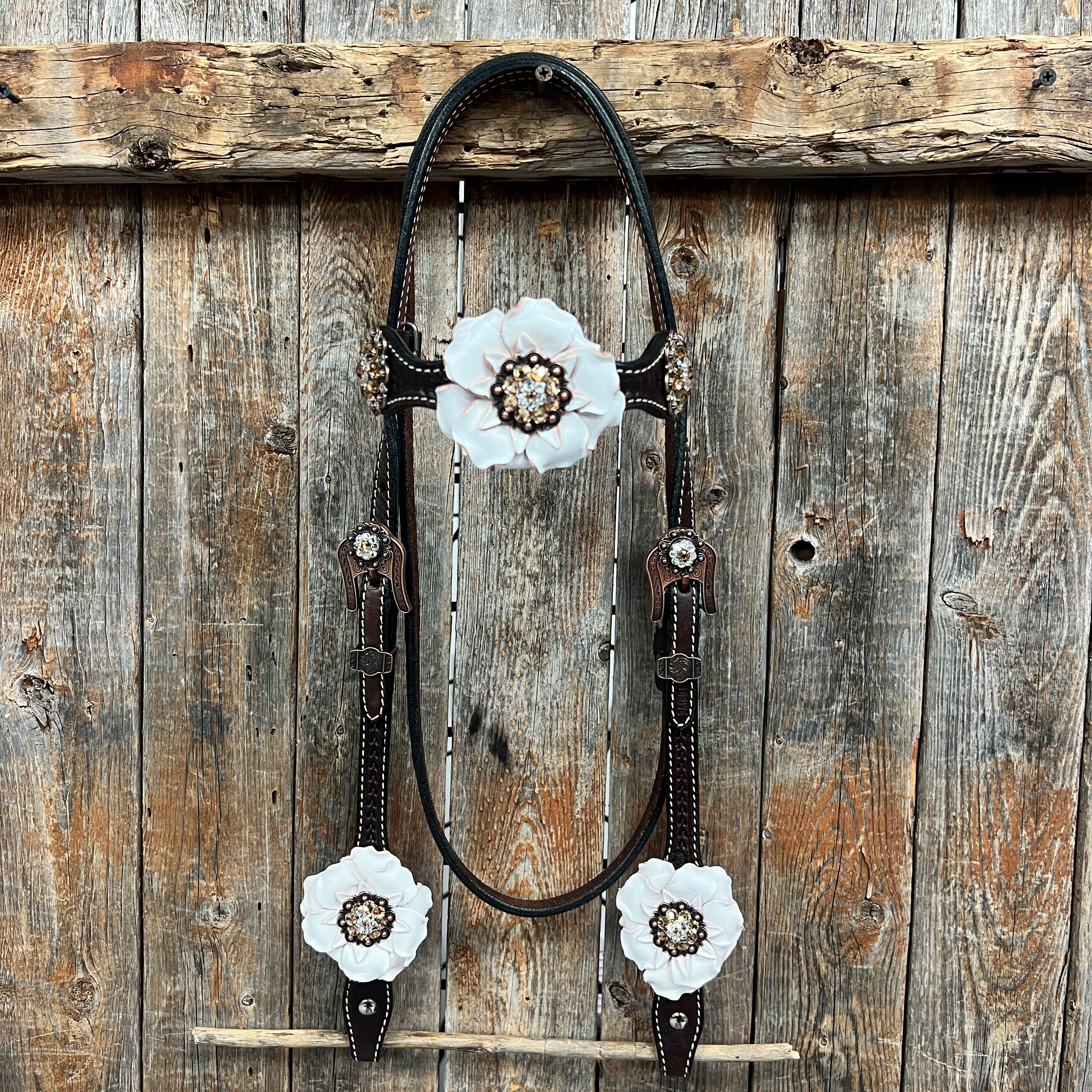 Dark Oil Basketweave Champagne - Clear Browband/One Ear Tack Set  #BBBC604