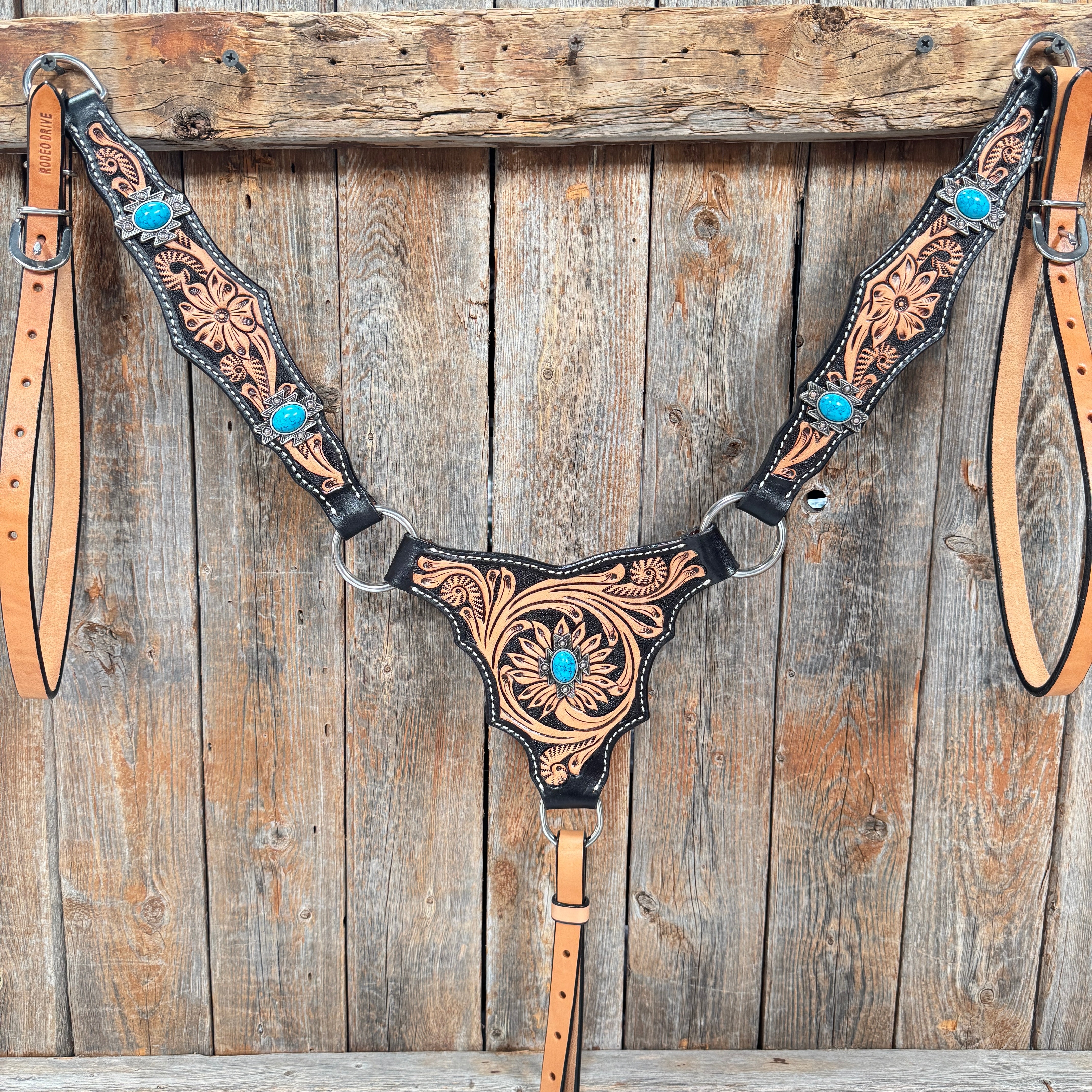 Two Tone Floral Triangle Antique Silver Turquoise Browband/One Ear - Triangle/Gladiator Breastcollar Tack Set #OEBC542