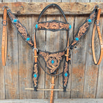 Two Tone Floral Triangle Antique Silver Turquoise Browband/One Ear - Triangle/Gladiator Breastcollar Tack Set #OEBC542