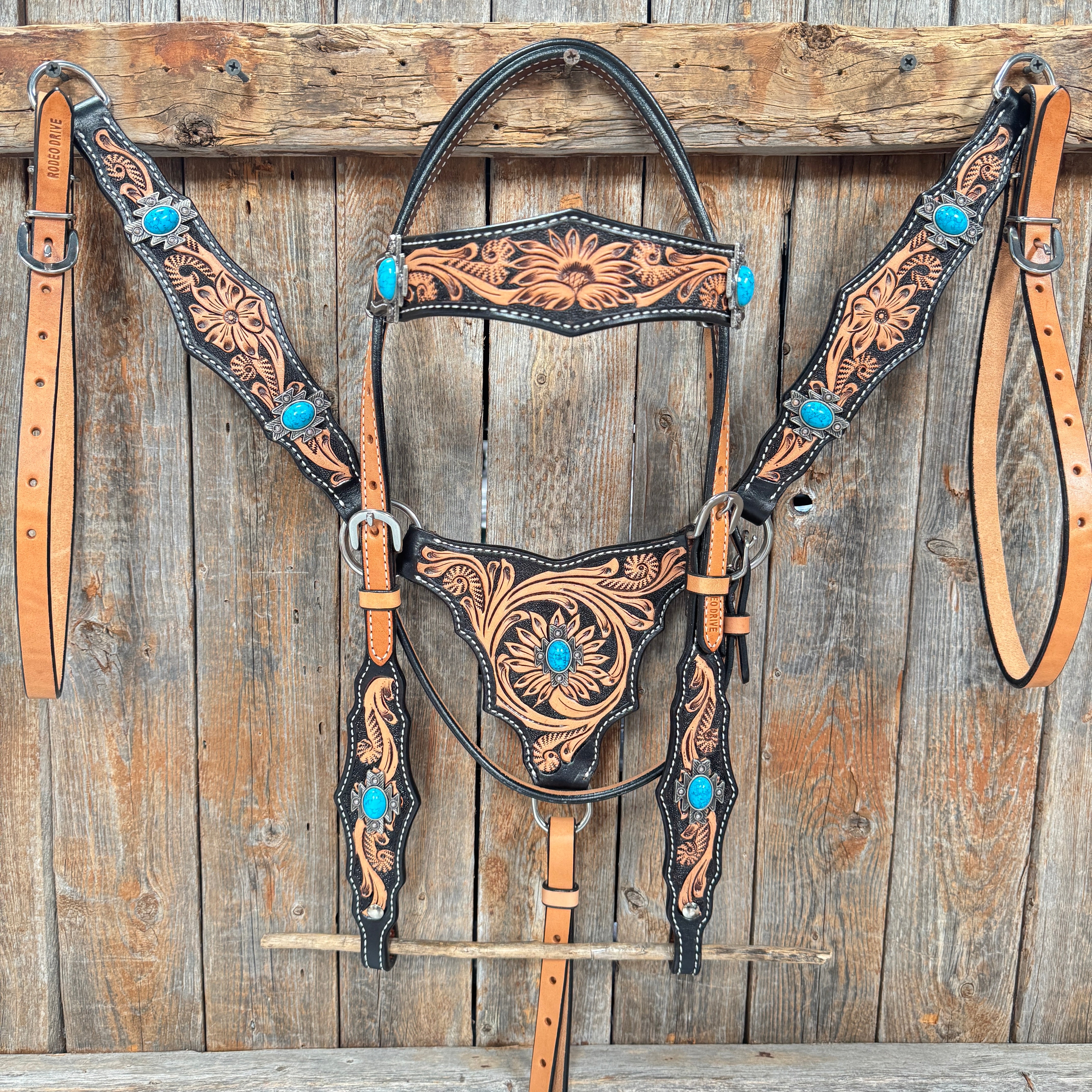 Two Tone Floral Triangle Antique Silver Turquoise Browband/One Ear - Triangle/Gladiator Breastcollar Tack Set #OEBC542