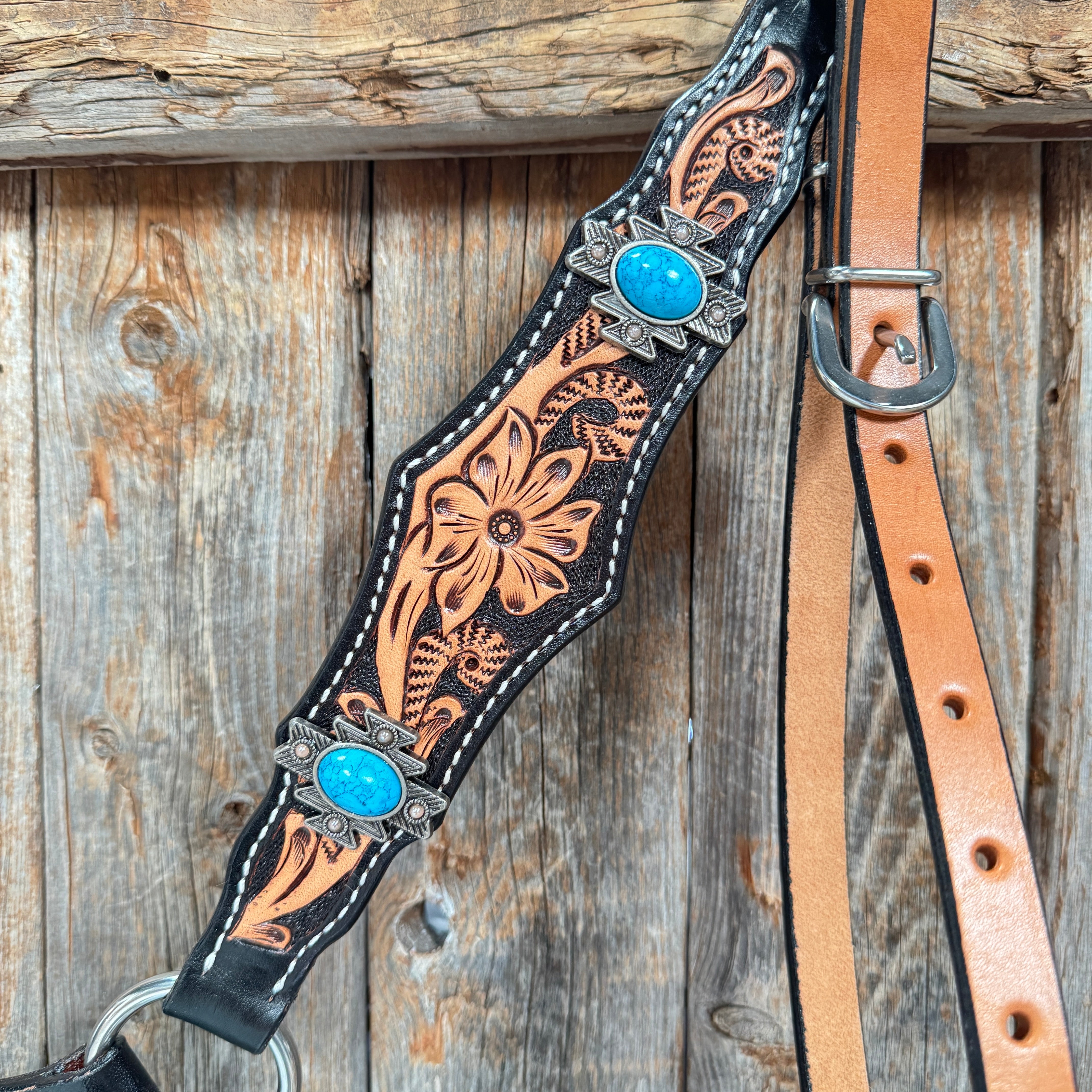 Two Tone Floral Triangle Antique Silver Turquoise Browband/One Ear - Triangle/Gladiator Breastcollar Tack Set #OEBC542