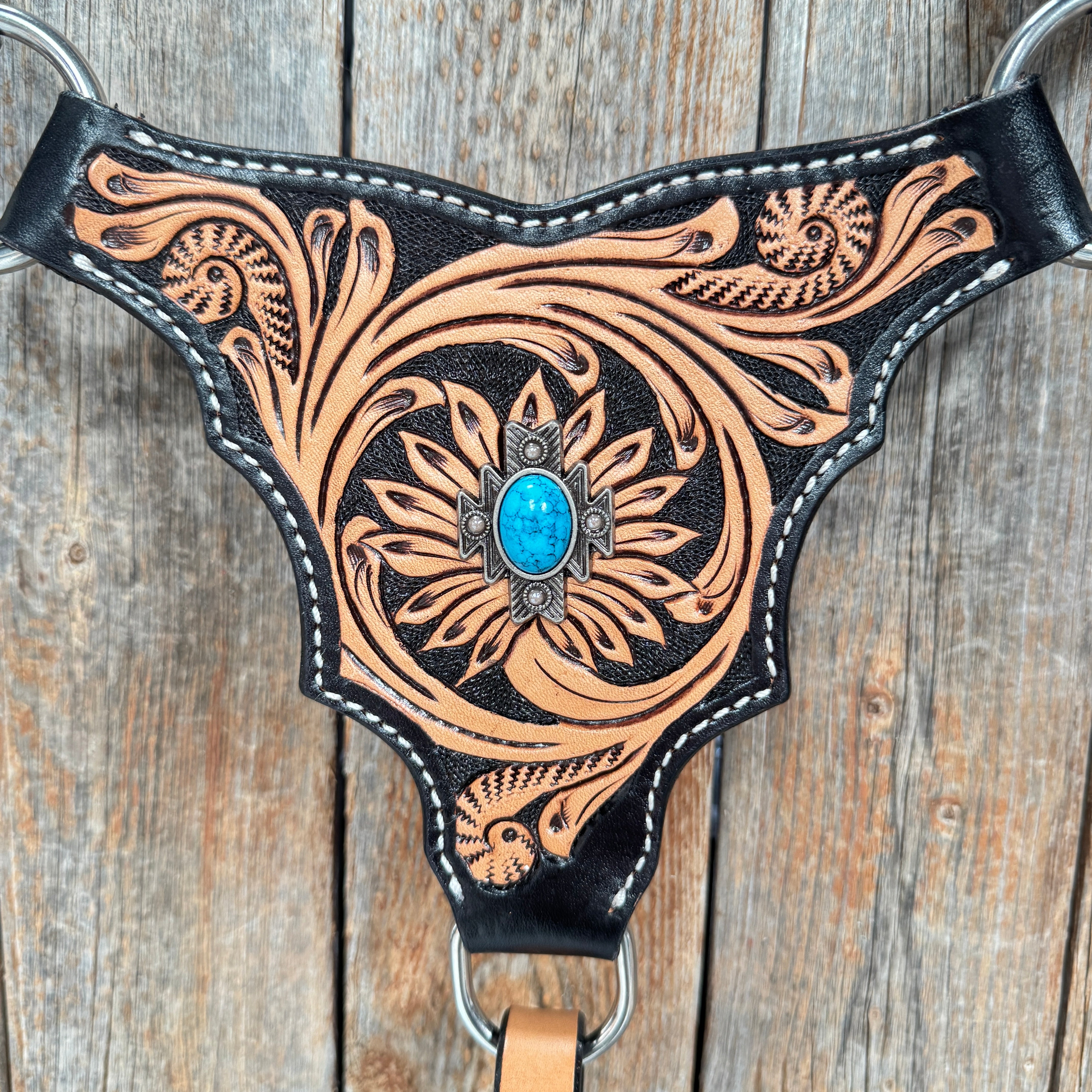 Two Tone Floral Triangle Antique Silver Turquoise Browband/One Ear - Triangle/Gladiator Breastcollar Tack Set #OEBC542