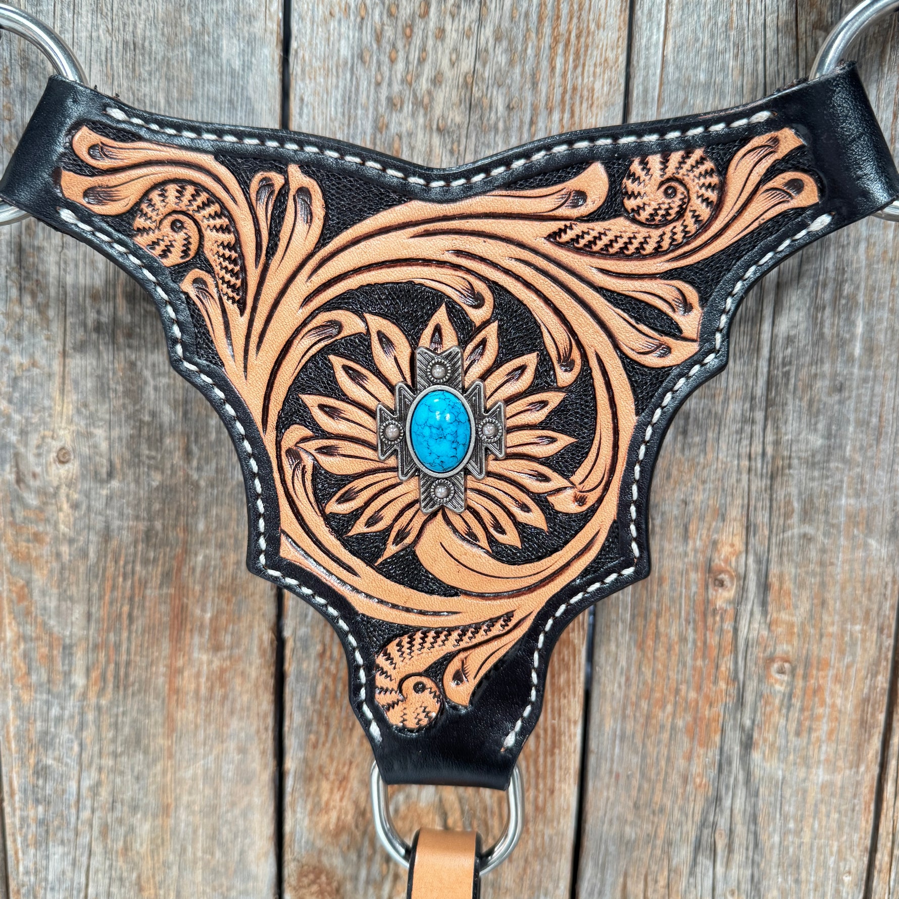 Two Tone Floral Triangle Antique Silver Turquoise Browband/One Ear - Triangle/Gladiator Breastcollar Tack Set #OEBC542