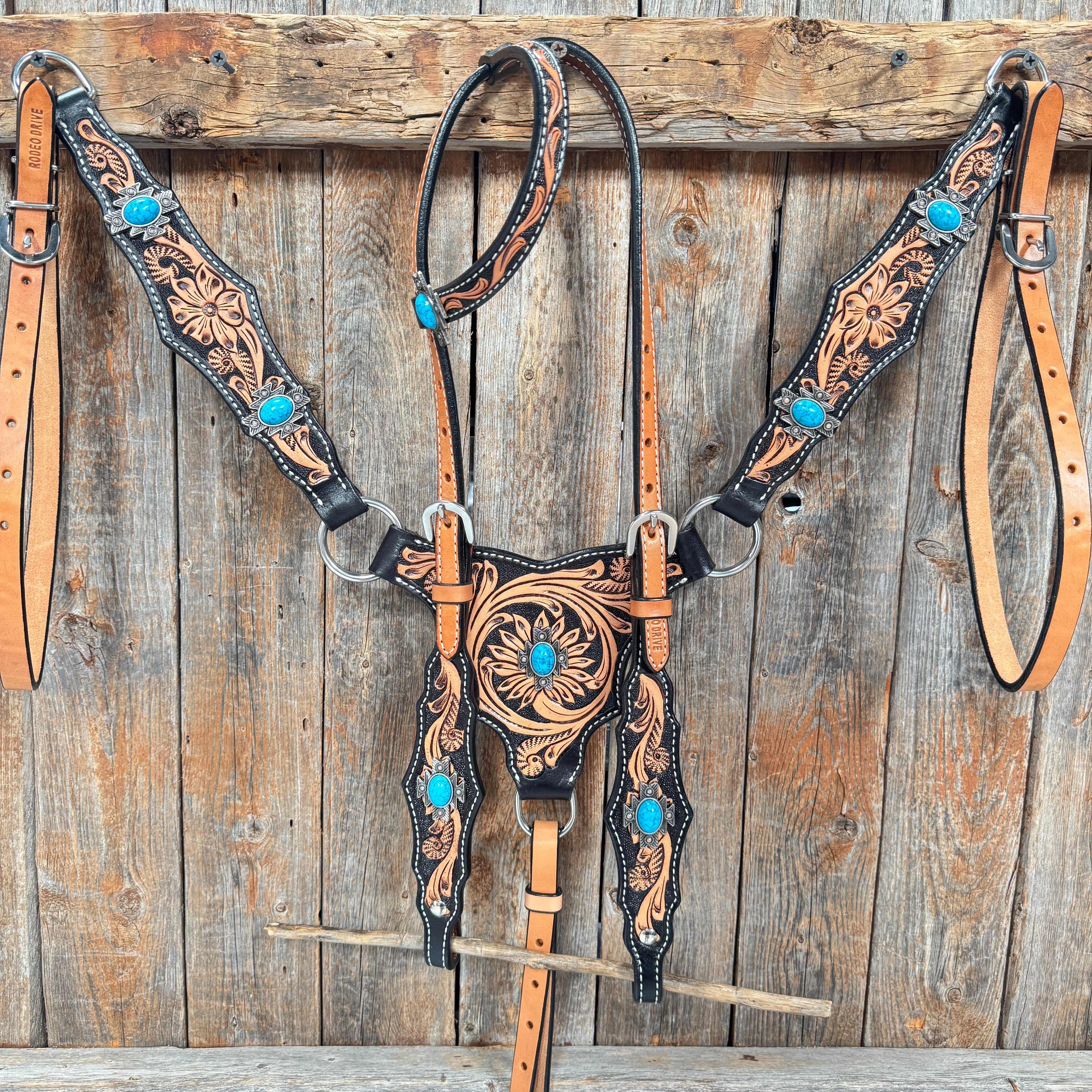 Two Tone Floral Triangle Antique Silver Turquoise Browband/One Ear - Triangle/Gladiator Breastcollar Tack Set #OEBC542