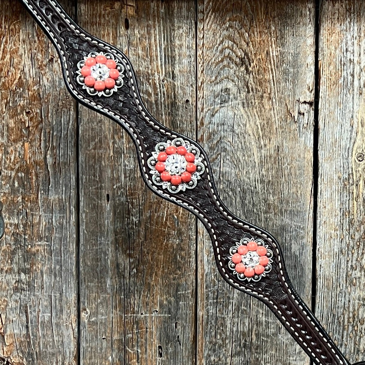 Dark Oil Basketweave Coral - Clear Browband/One Ear Tack Set  #BBBC606