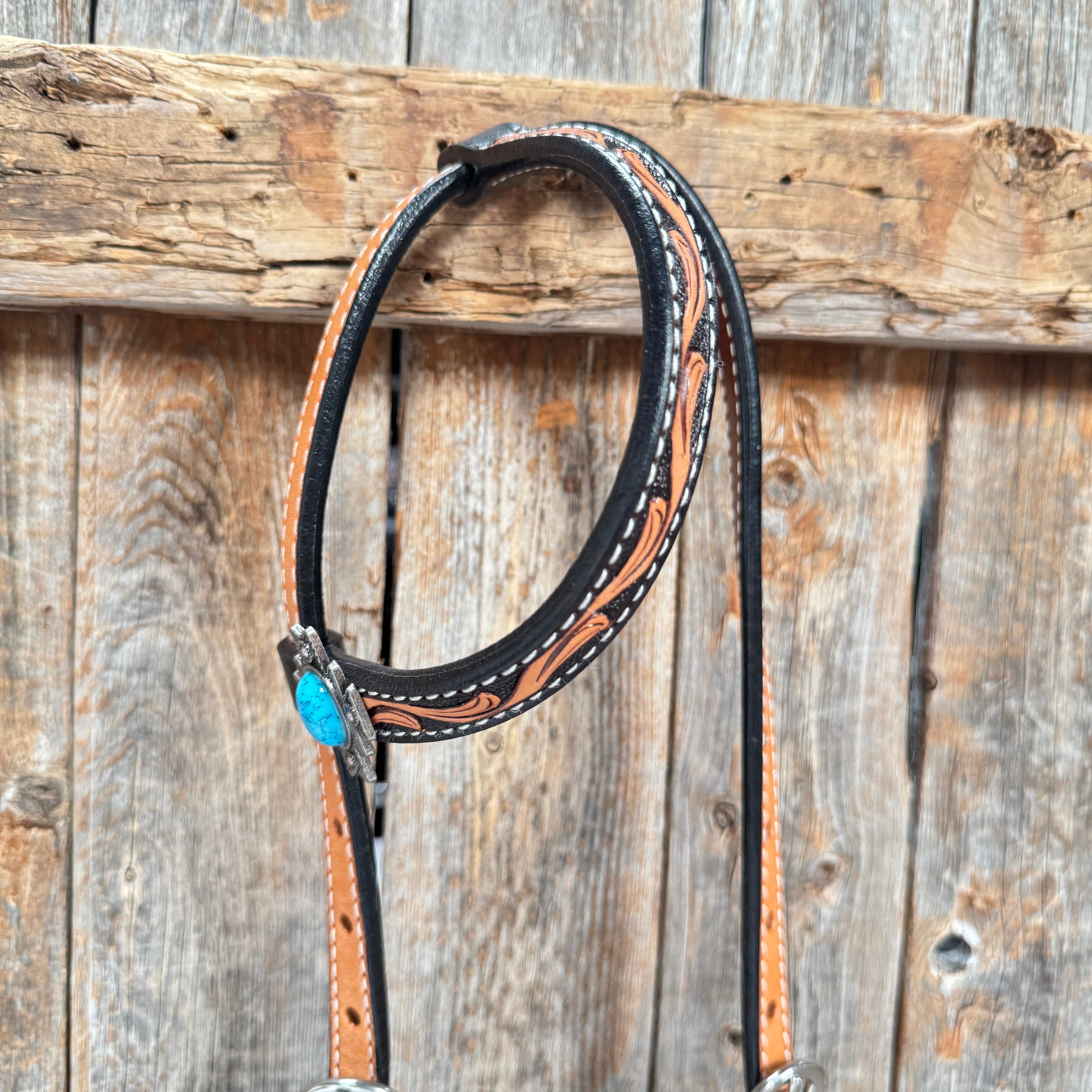 Two Tone Floral Triangle Antique Silver Turquoise Browband/One Ear - Triangle/Gladiator Breastcollar Tack Set #OEBC542