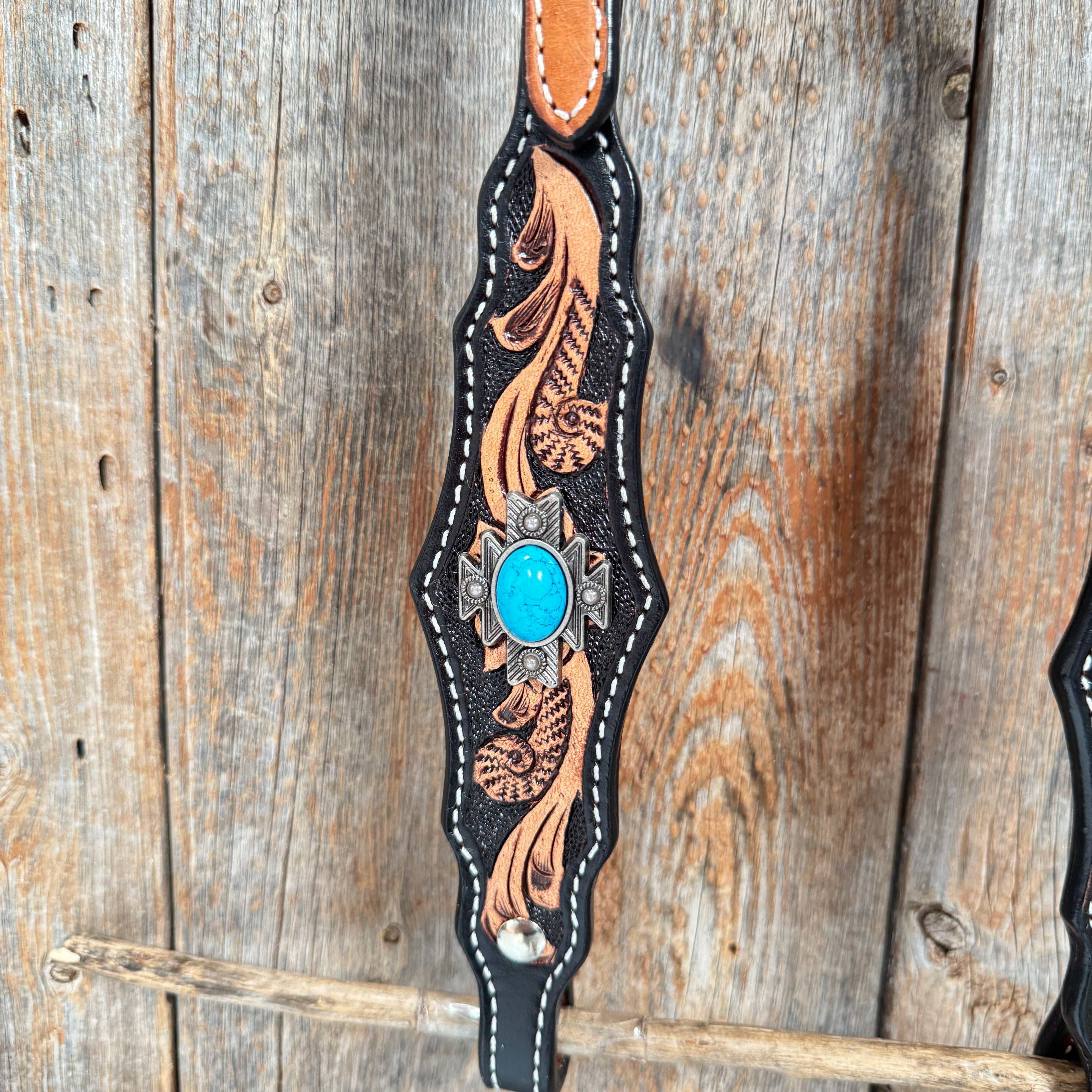 Two Tone Floral Triangle Antique Silver Turquoise Browband/One Ear - Triangle/Gladiator Breastcollar Tack Set #OEBC542